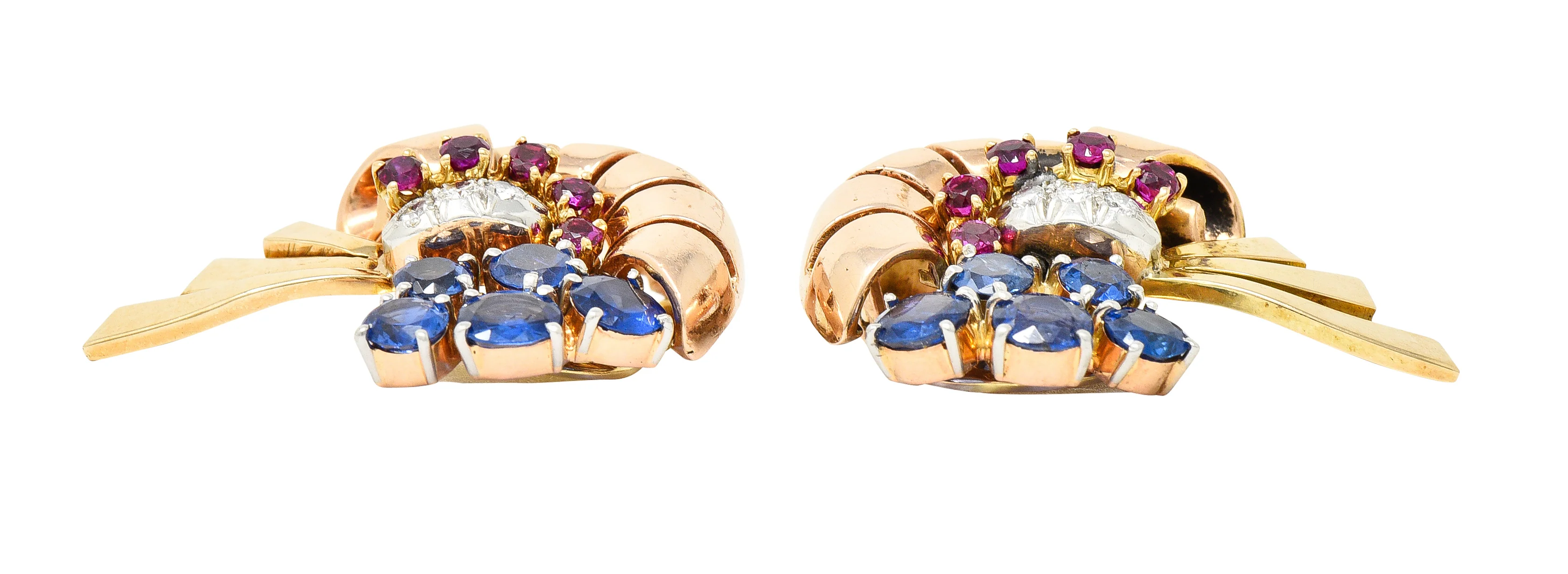 Retro 3.82 CTW Ruby Sapphire Diamond Platinum 14 Karat Two-Tone Gold Ear-Clip Earrings - Image 6