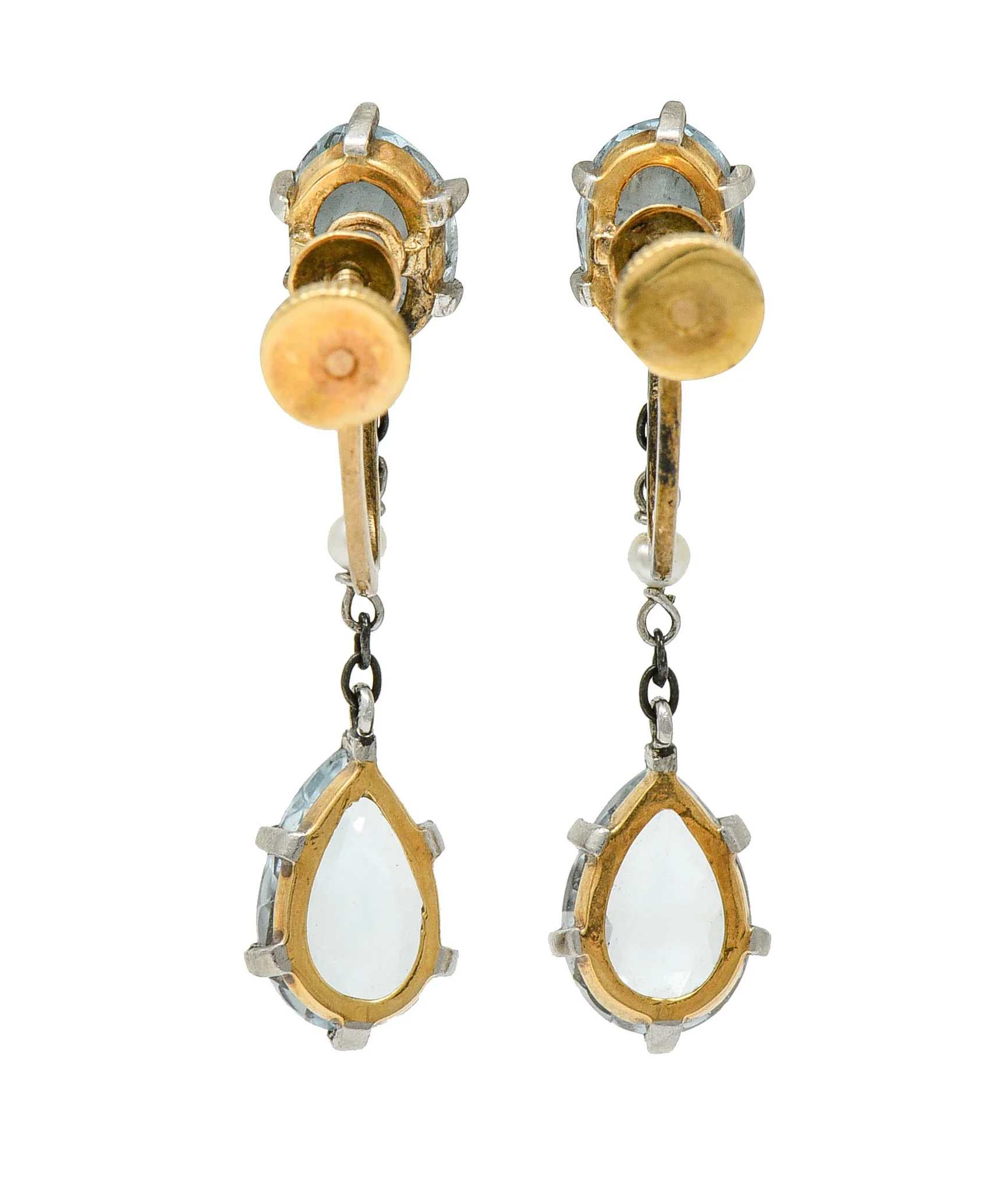 Retro 4.24 CTW Aquamarine Natural Freshwater Pearl Platinum-Topped 14 Karat Gold Screwback Earrings - Image 3