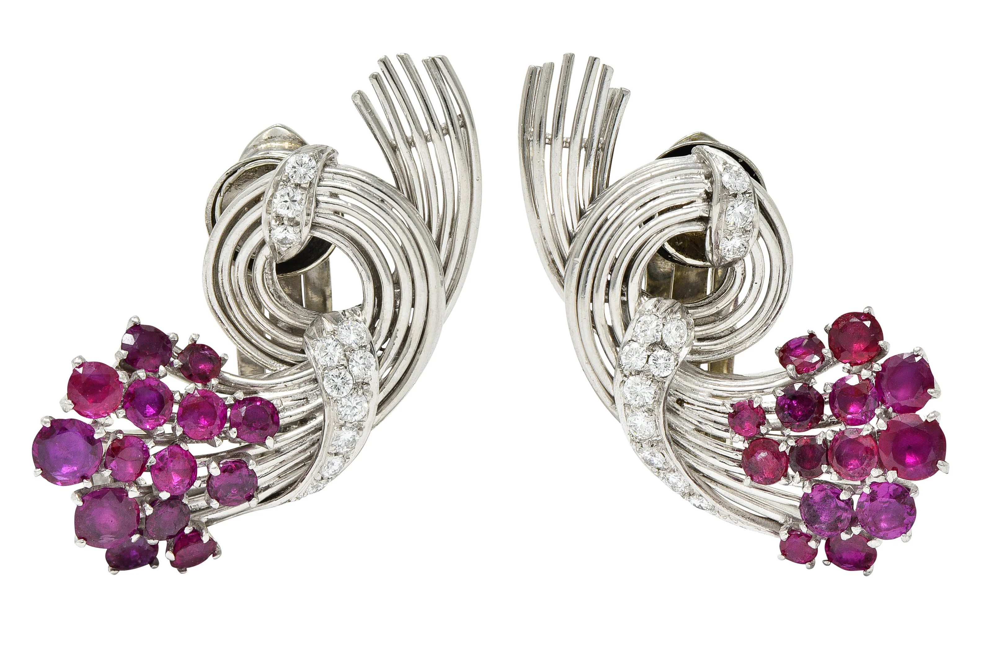 Retro 4.65 CTW Ruby Diamond Platinum Spiraling Ear-Clip Earrings