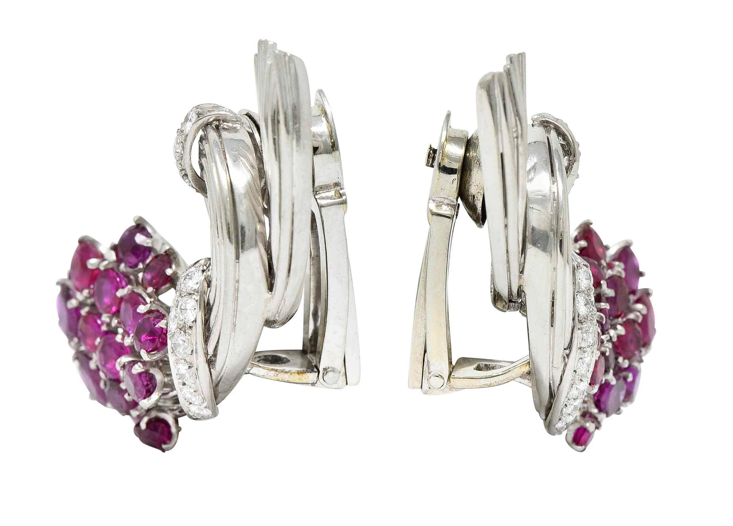 Retro 4.65 CTW Ruby Diamond Platinum Spiraling Ear-Clip Earrings - Image 2