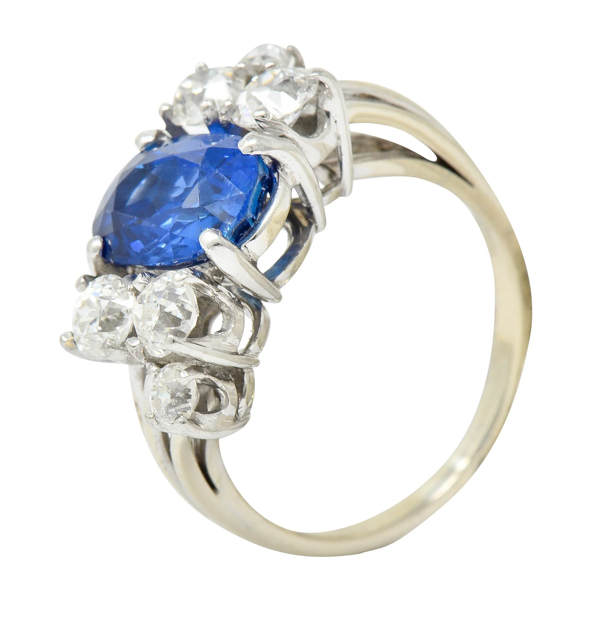 Retro 4.72 CTW No Heat Ceylon Sapphire Diamond 14 Karat White Gold Bypass Cluster Ring GIA - Image 9