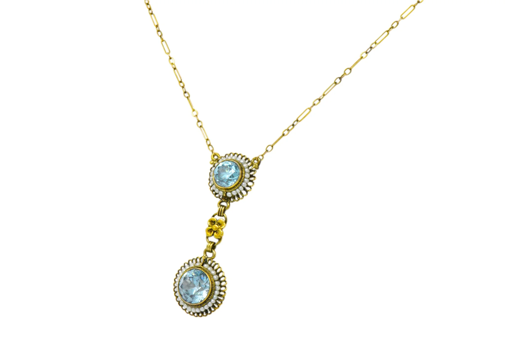 Retro 4.75 CTW Blue Zircon Seed Pearl 14 Karat Gold Drop Necklace - Image 3