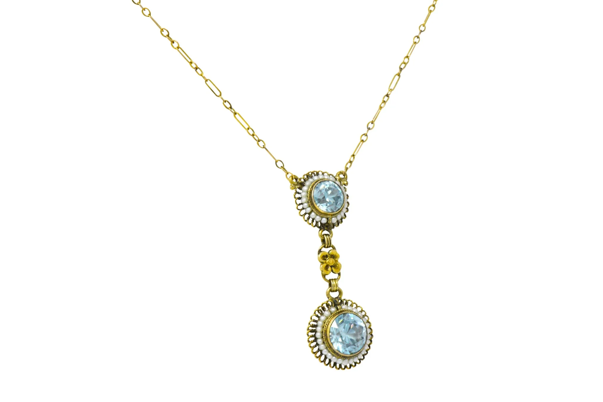 Retro 4.75 CTW Blue Zircon Seed Pearl 14 Karat Gold Drop Necklace - Image 4