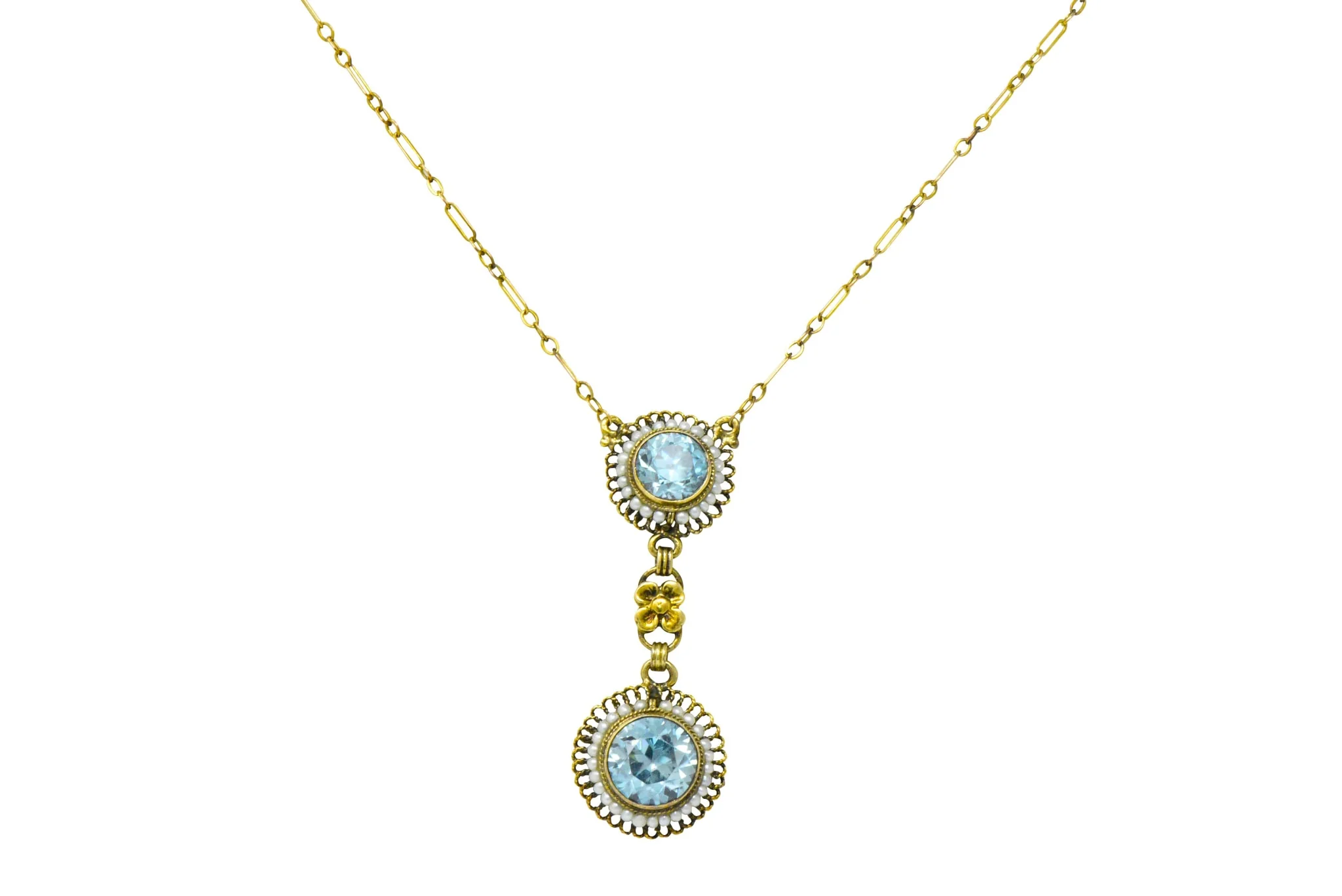 Retro 4.75 CTW Blue Zircon Seed Pearl 14 Karat Gold Drop Necklace - Image 7