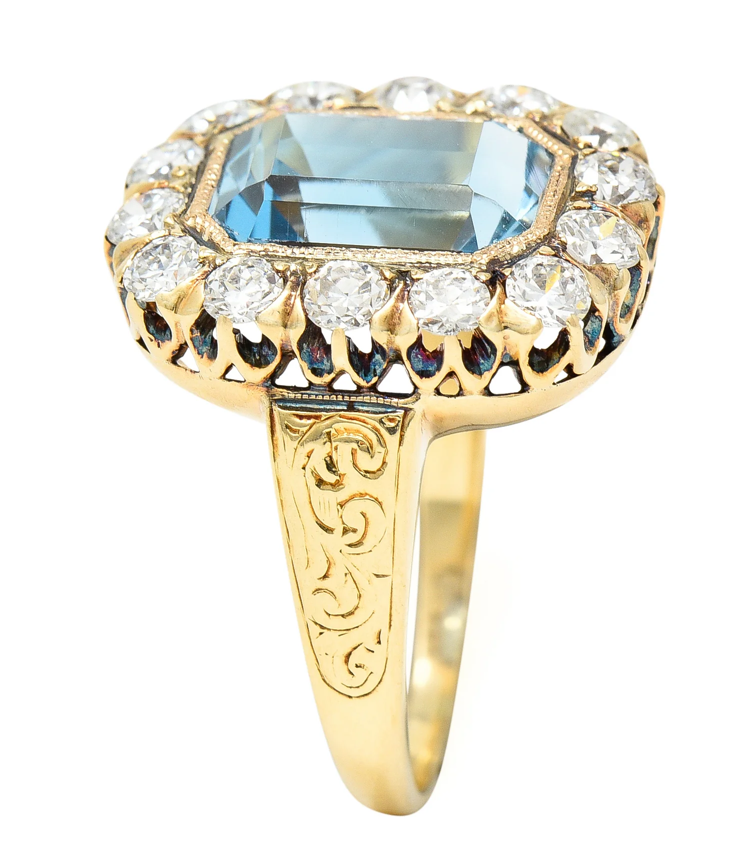Retro 4.92 CTW Aquamarine Old European Cut Diamond 14 Karat Yellow Gold Halo Cluster Ring - Image 11
