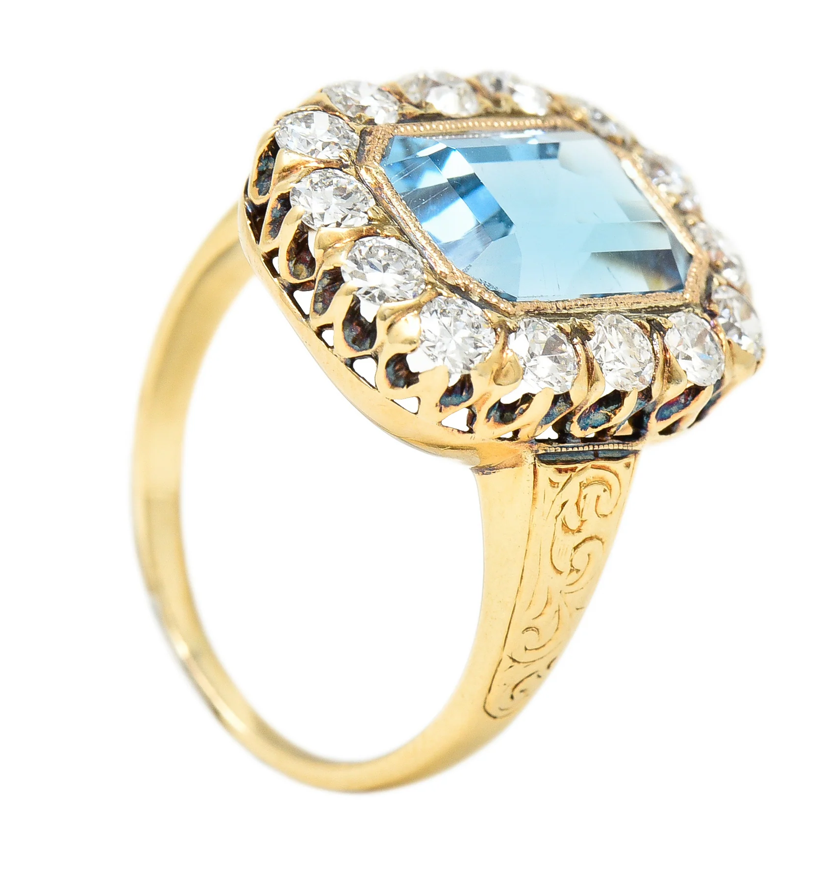 Retro 4.92 CTW Aquamarine Old European Cut Diamond 14 Karat Yellow Gold Halo Cluster Ring - Image 12