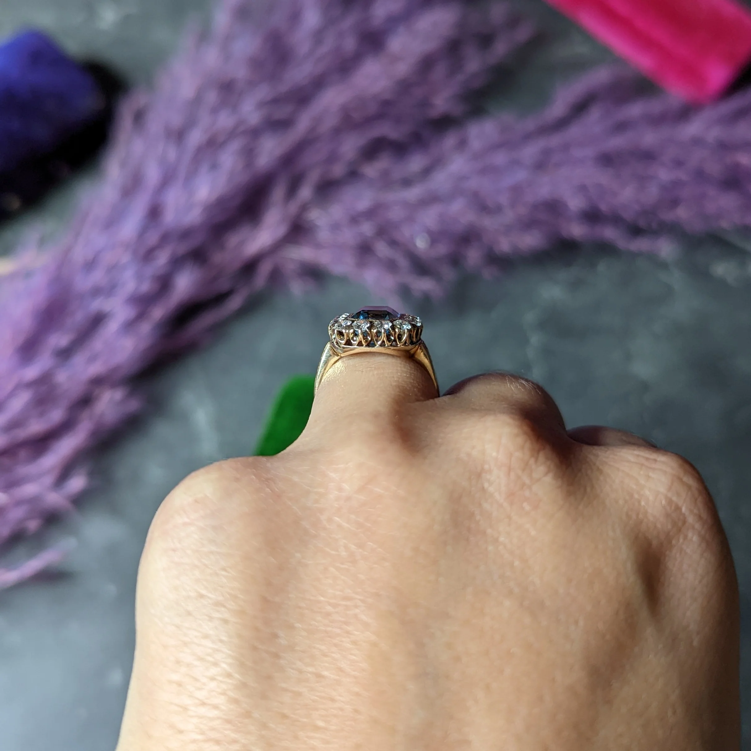 Retro 4.92 CTW Aquamarine Old European Cut Diamond 14 Karat Yellow Gold Halo Cluster Ring - Image 15