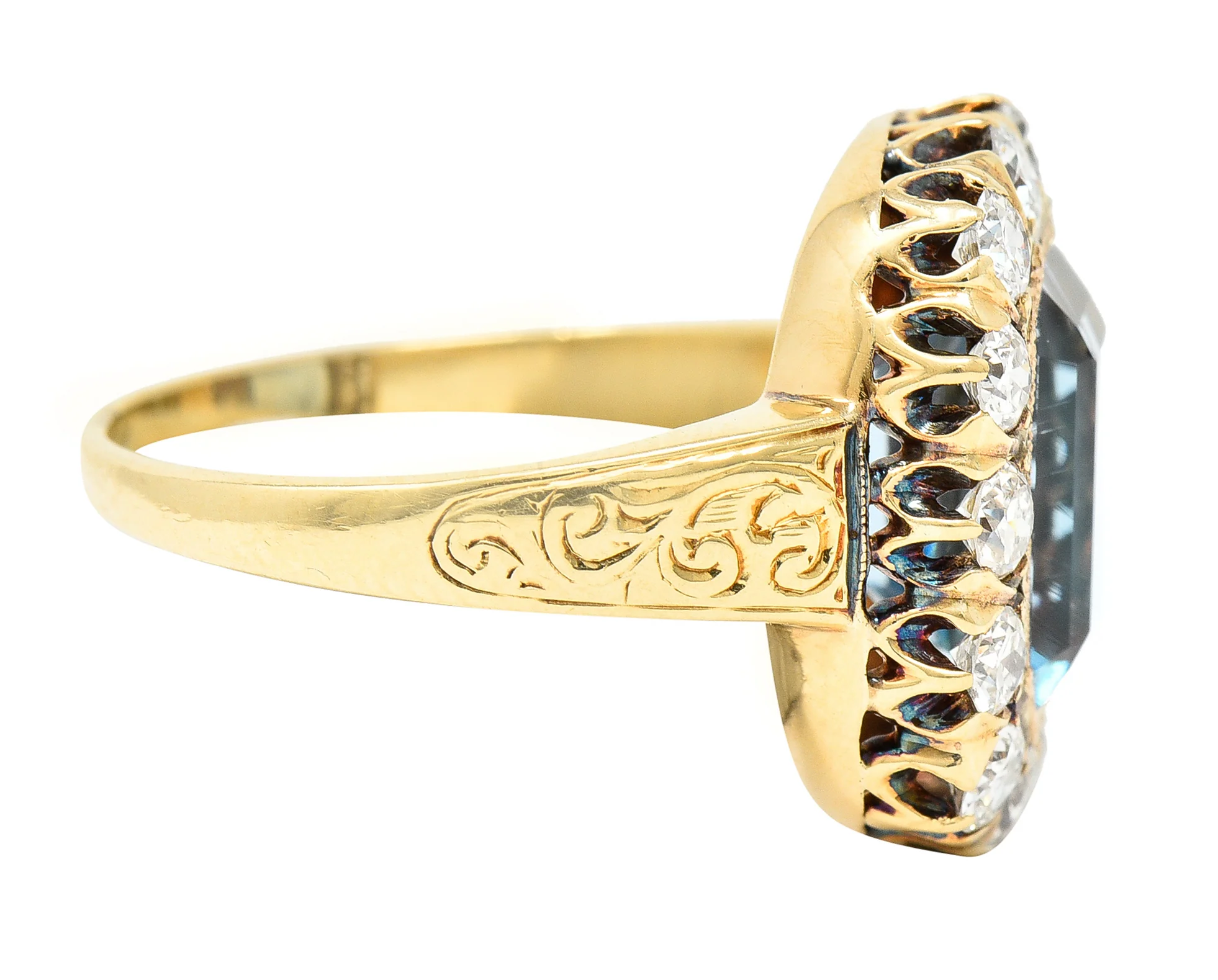 Retro 4.92 CTW Aquamarine Old European Cut Diamond 14 Karat Yellow Gold Halo Cluster Ring - Image 3