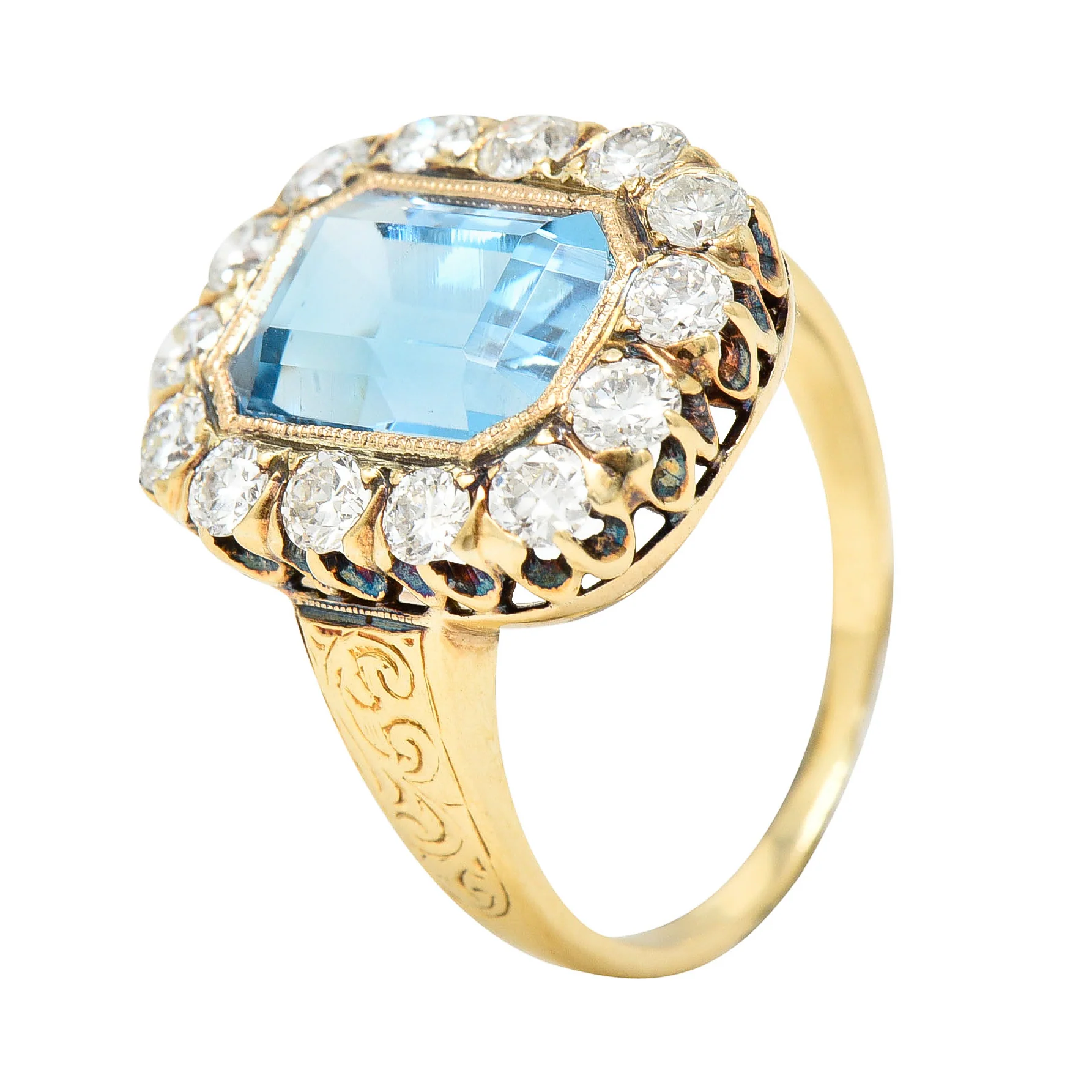 Retro 4.92 CTW Aquamarine Old European Cut Diamond 14 Karat Yellow Gold Halo Cluster Ring - Image 8