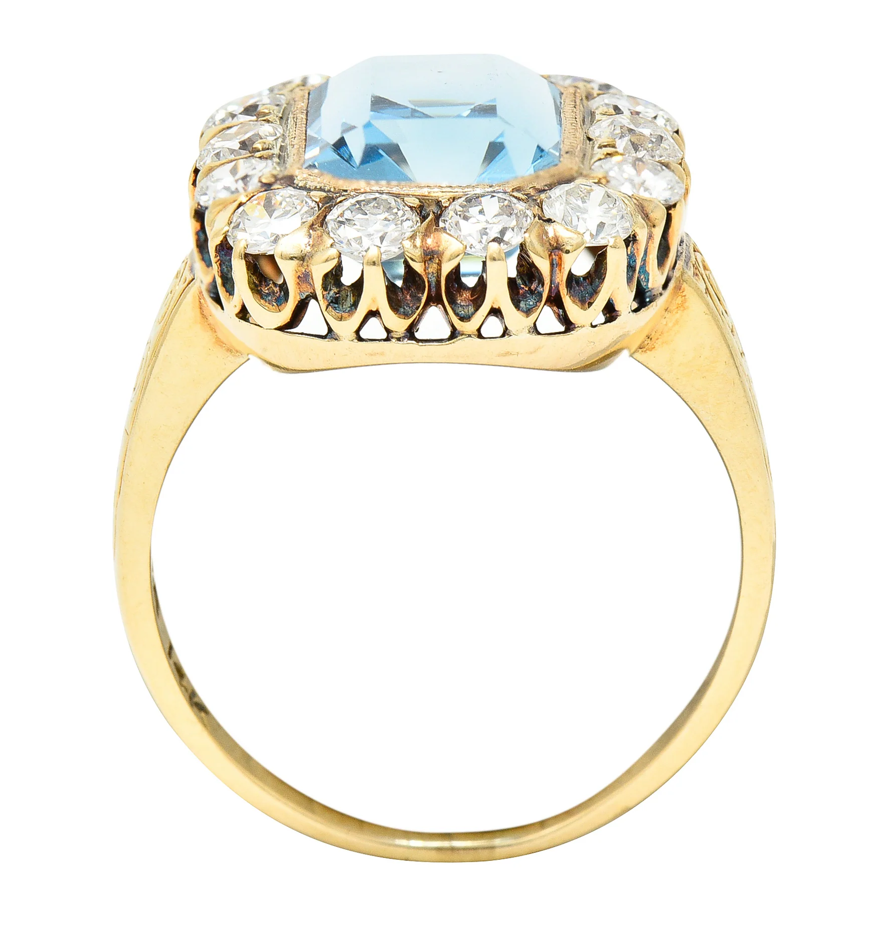 Retro 4.92 CTW Aquamarine Old European Cut Diamond 14 Karat Yellow Gold Halo Cluster Ring - Image 9