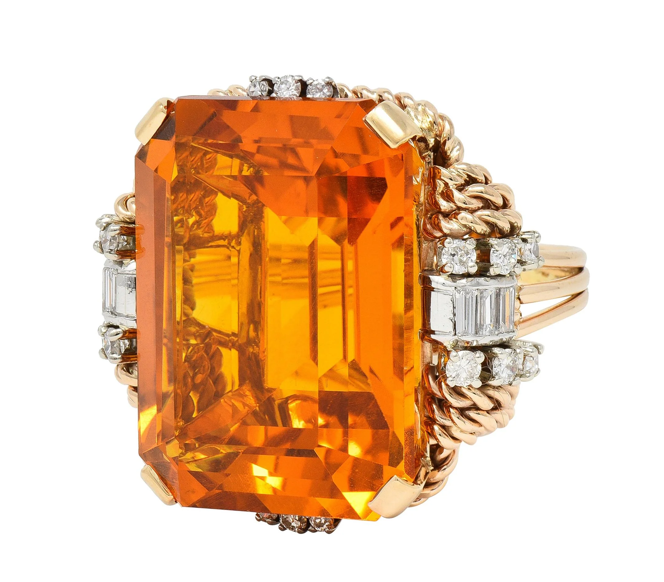 Retro 42.98 CTW Citrine Diamond 14 Karat Two-Tone Gold Rope Vintage Cocktail Ring - Image 7
