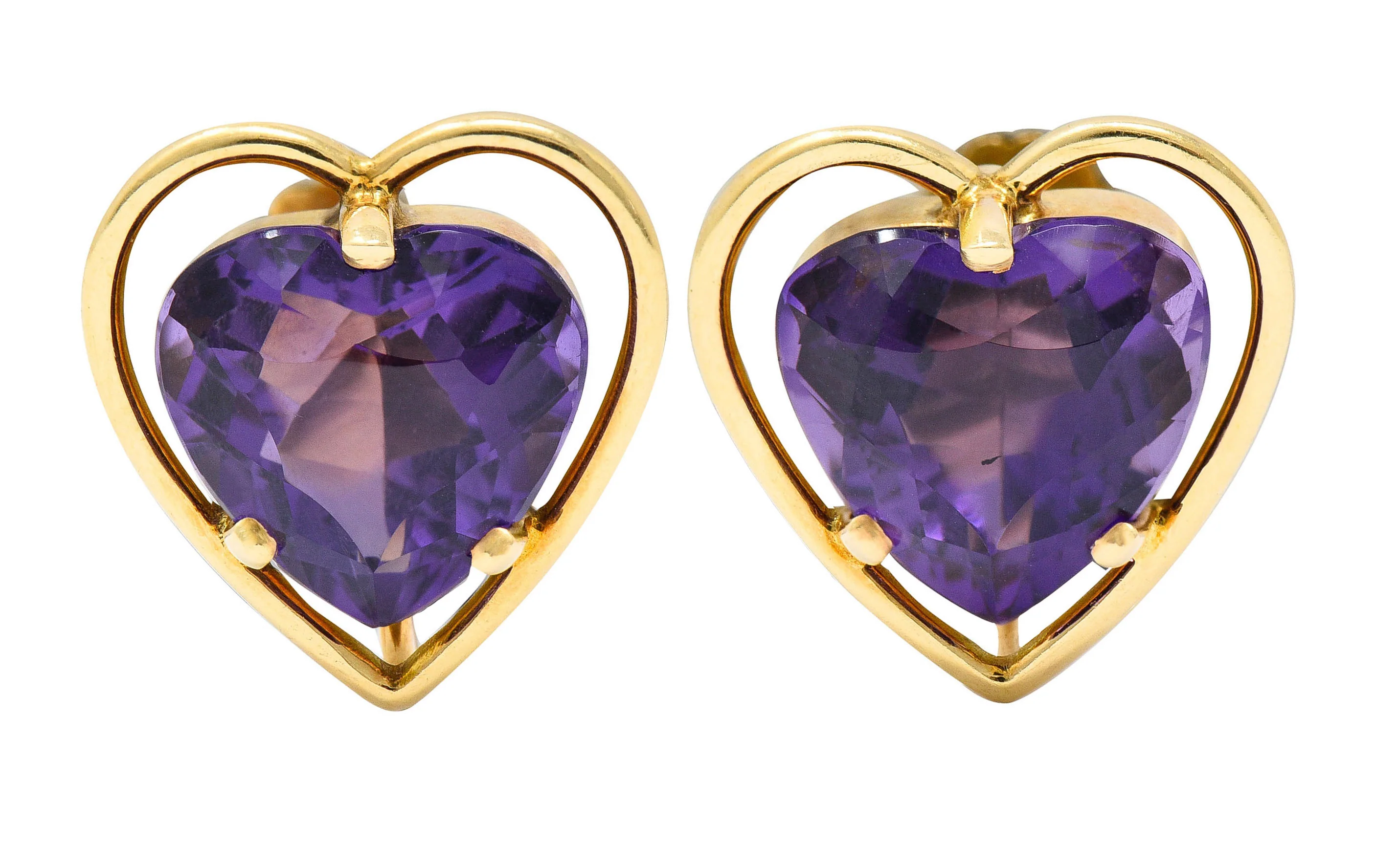 Retro Amethyst Heart 14 Karat Gold Screwback Earrings