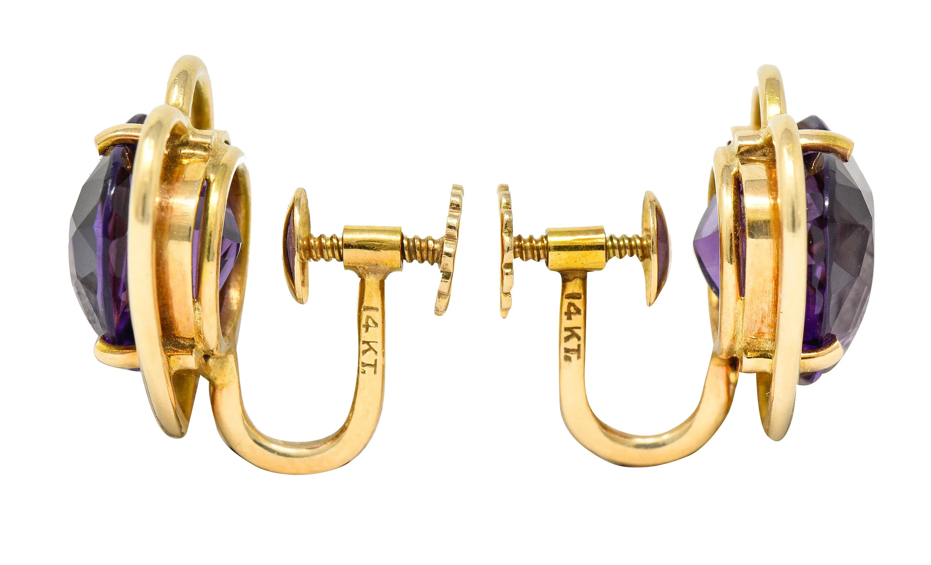 Retro Amethyst Heart 14 Karat Gold Screwback Earrings - Image 2