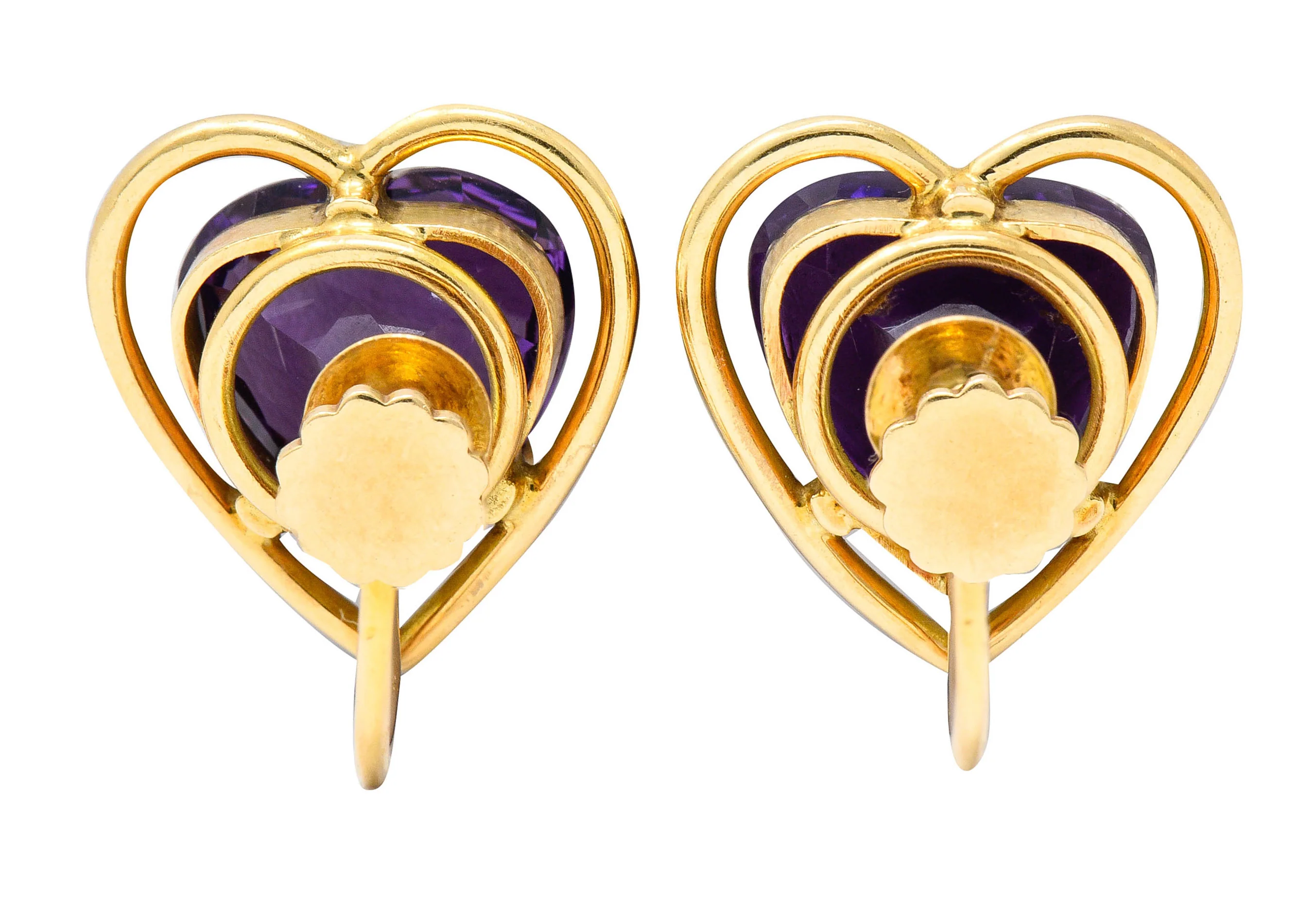 Retro Amethyst Heart 14 Karat Gold Screwback Earrings - Image 3
