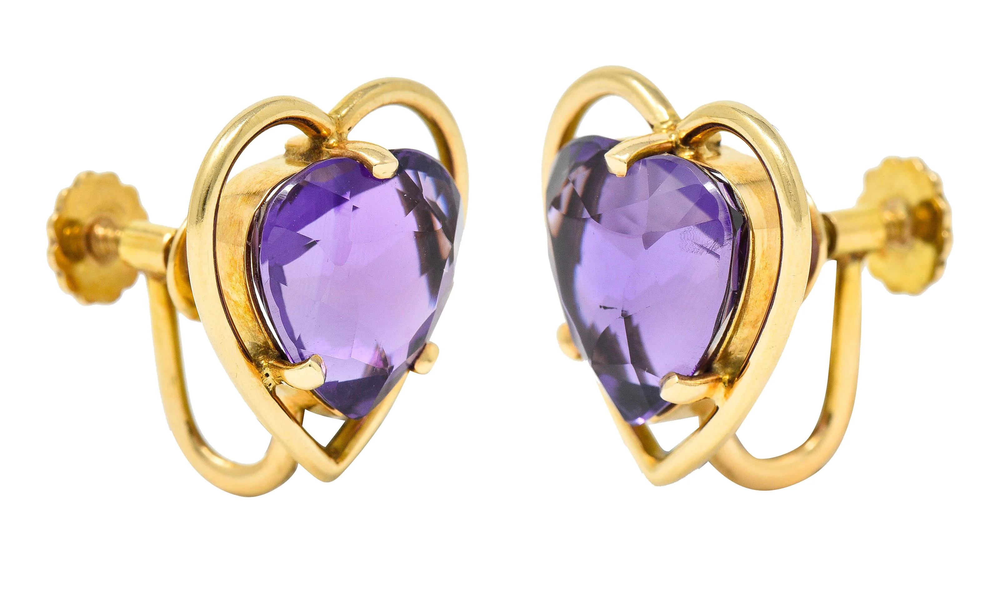 Retro Amethyst Heart 14 Karat Gold Screwback Earrings - Image 5