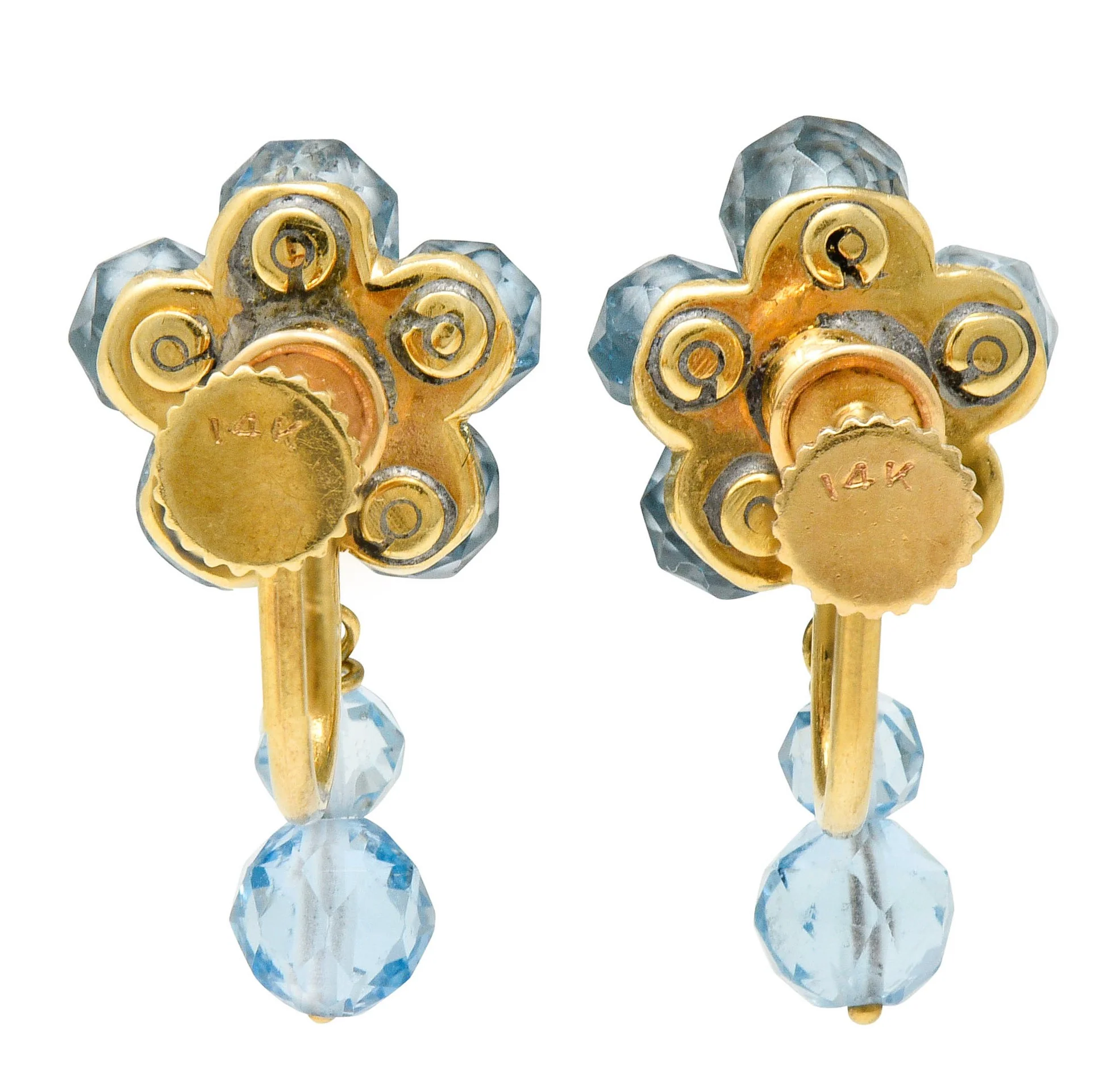 Retro Aquamarine 14 Karat Gold Floral Cluster Screwback Earrings - Image 3