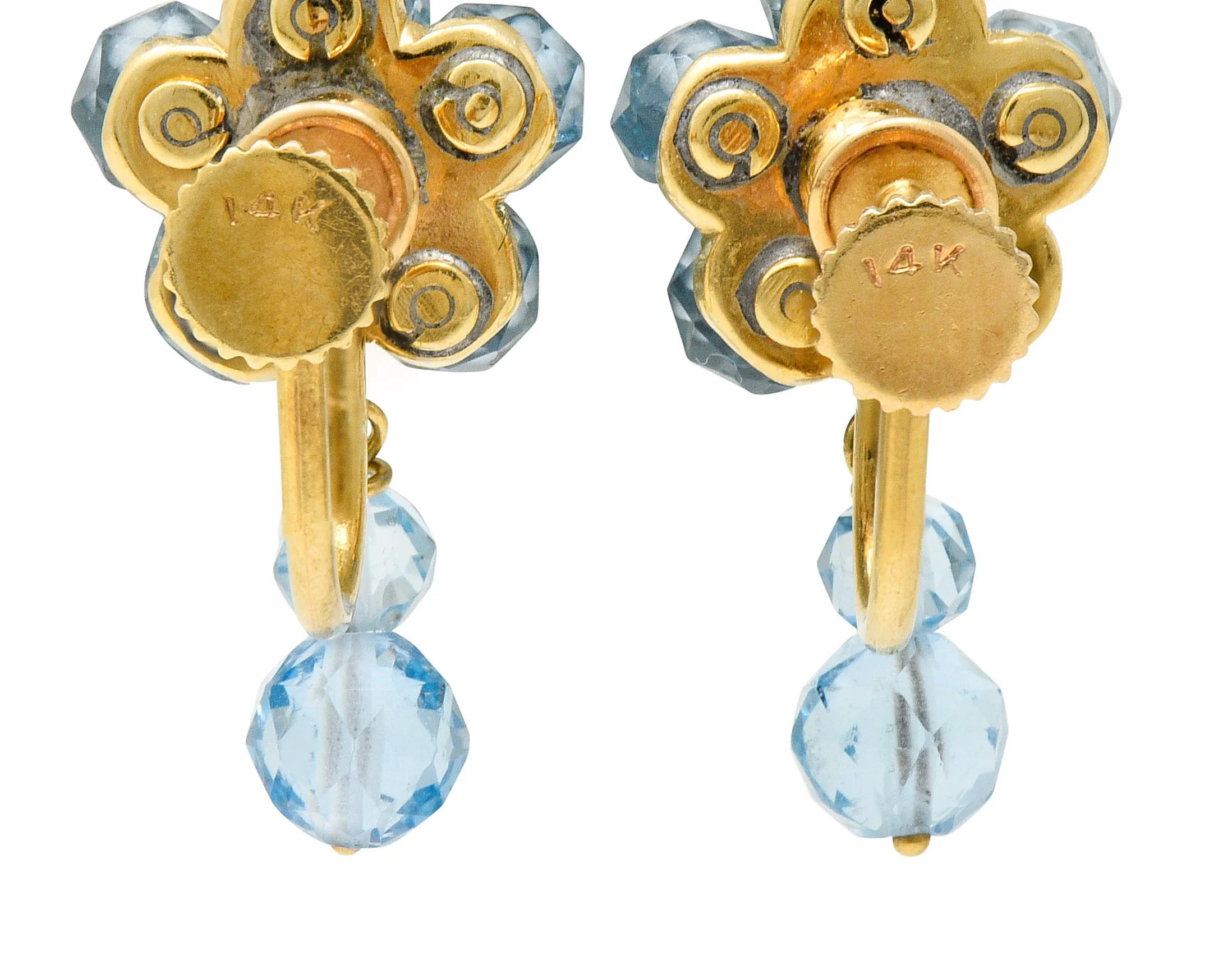 Retro Aquamarine 14 Karat Gold Floral Cluster Screwback Earrings - Image 4