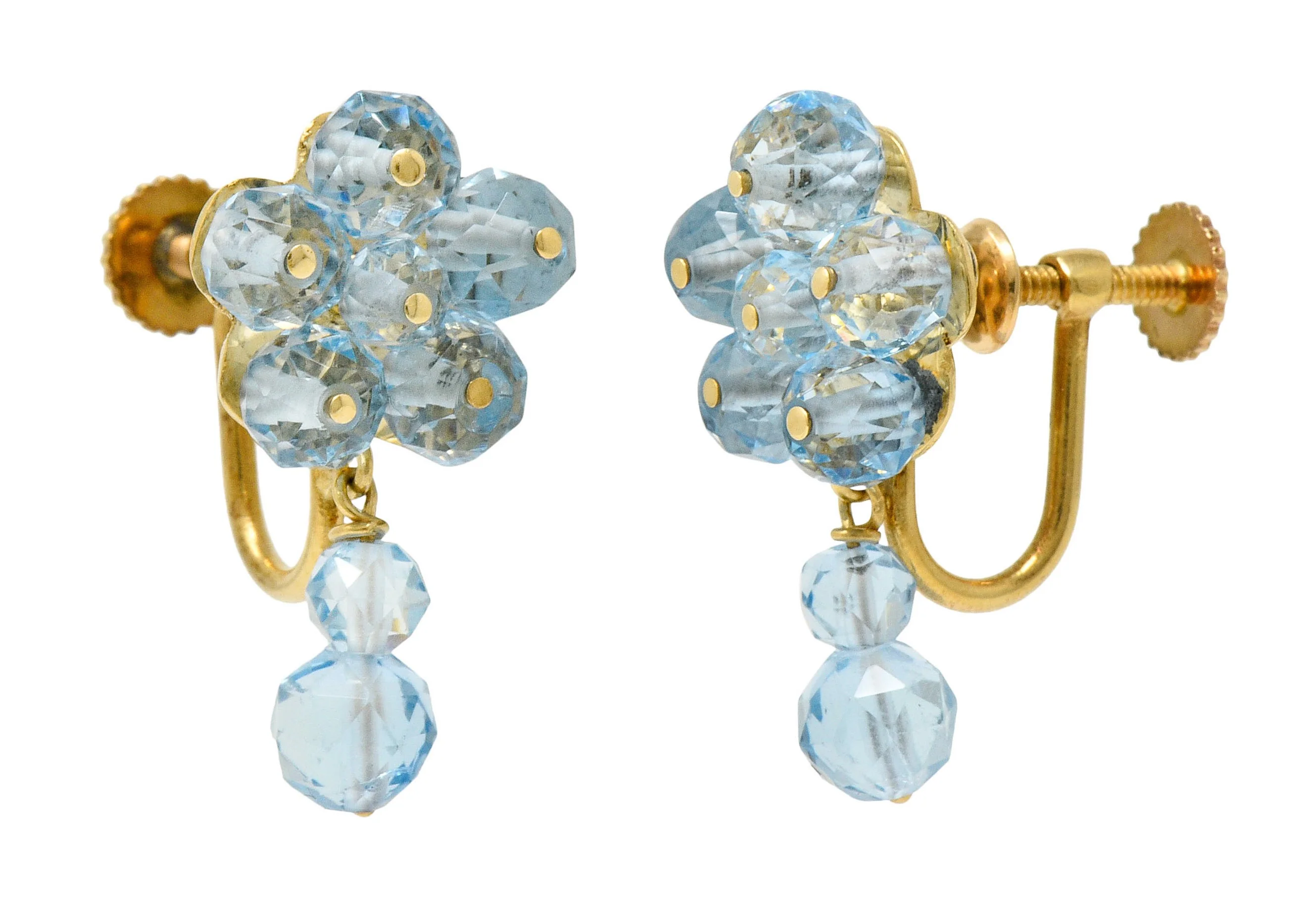 Retro Aquamarine 14 Karat Gold Floral Cluster Screwback Earrings - Image 5