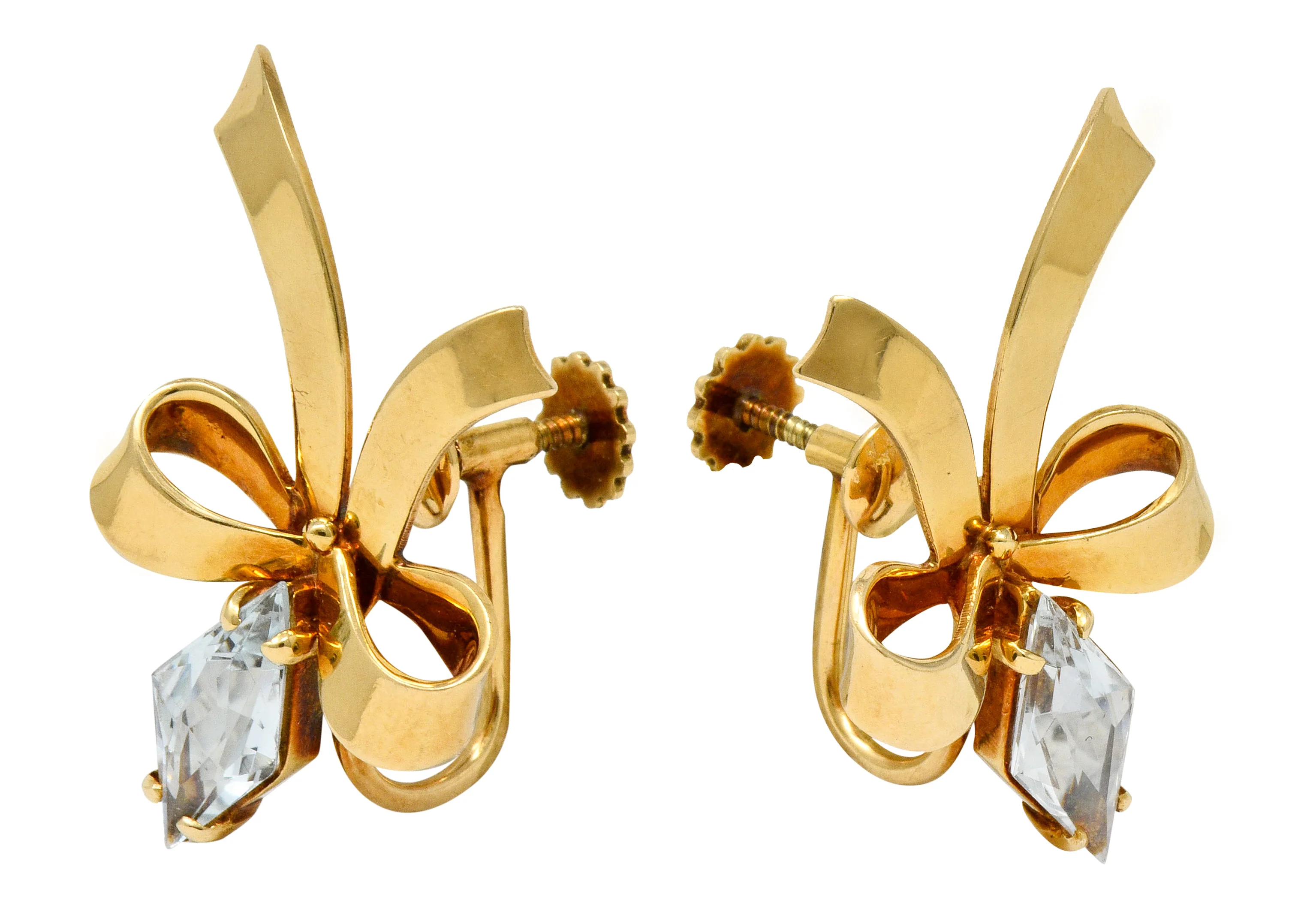 Retro Aquamarine 14 Karat Gold Ribboned Bow Screwback Earrings - Image 3