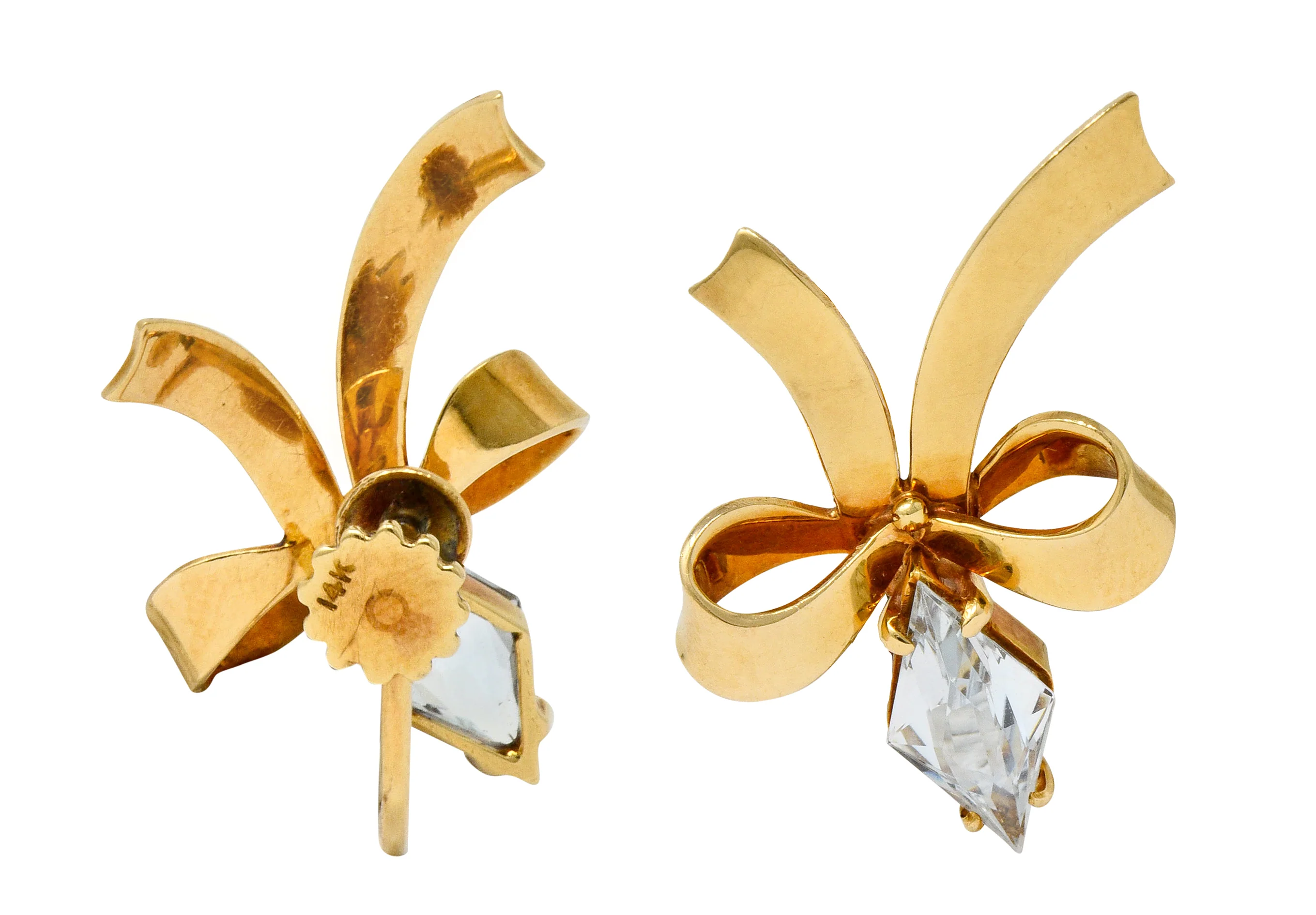 Retro Aquamarine 14 Karat Gold Ribboned Bow Screwback Earrings - Image 6