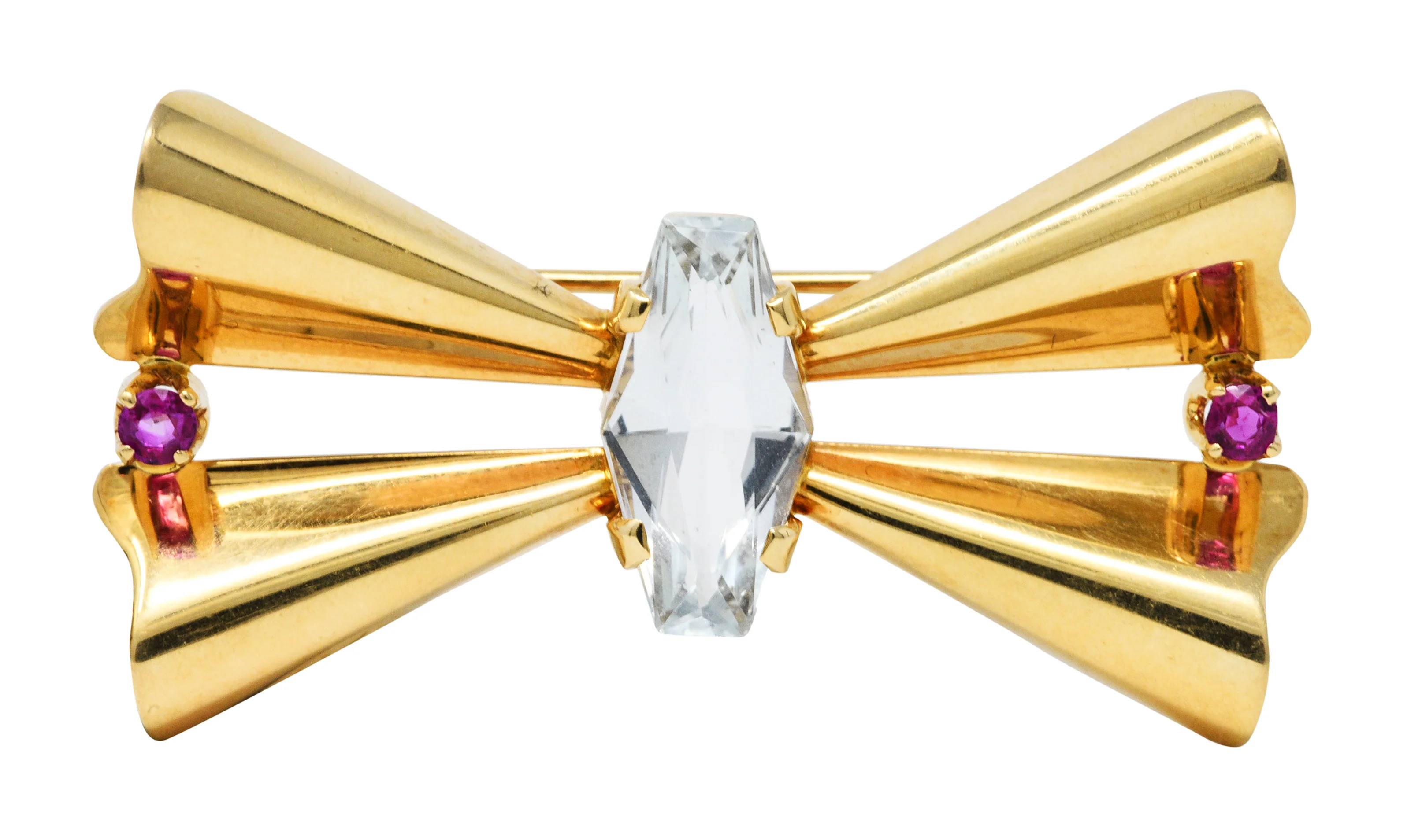 Retro Aquamarine Ruby 14 Karat Gold Bow Brooch