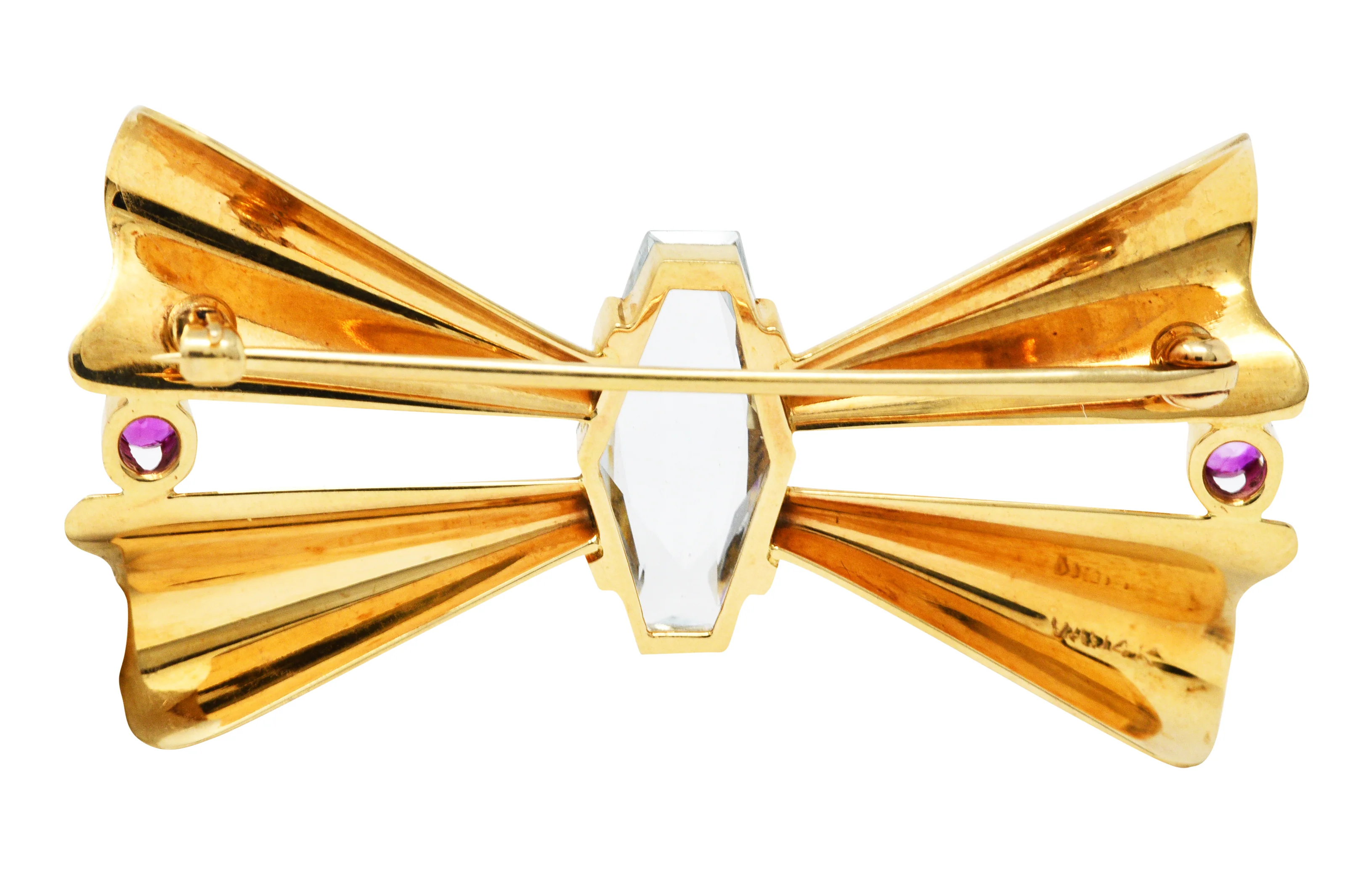 Retro Aquamarine Ruby 14 Karat Gold Bow Brooch - Image 4