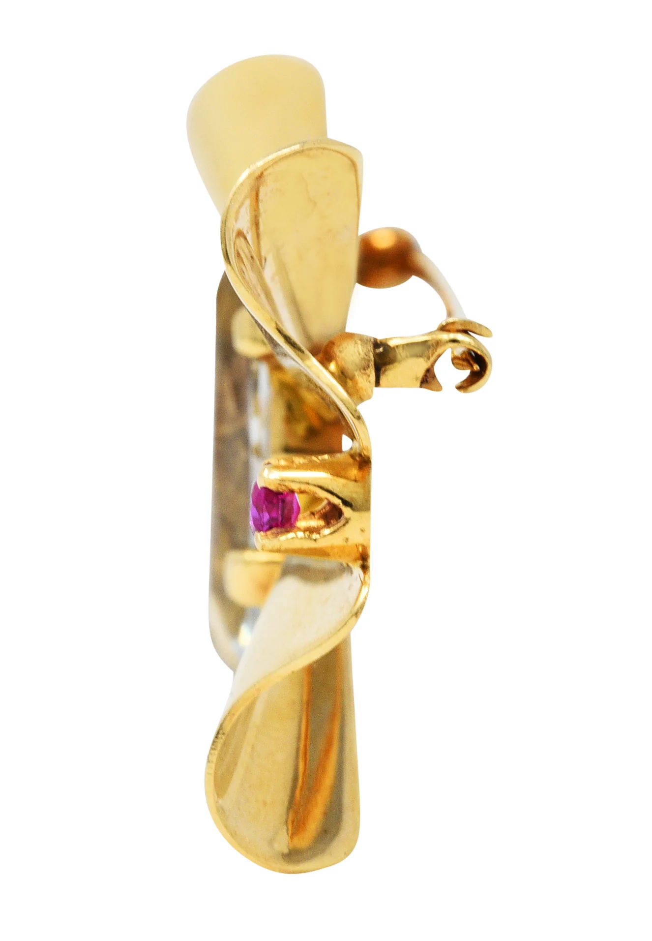 Retro Aquamarine Ruby 14 Karat Gold Bow Brooch - Image 5