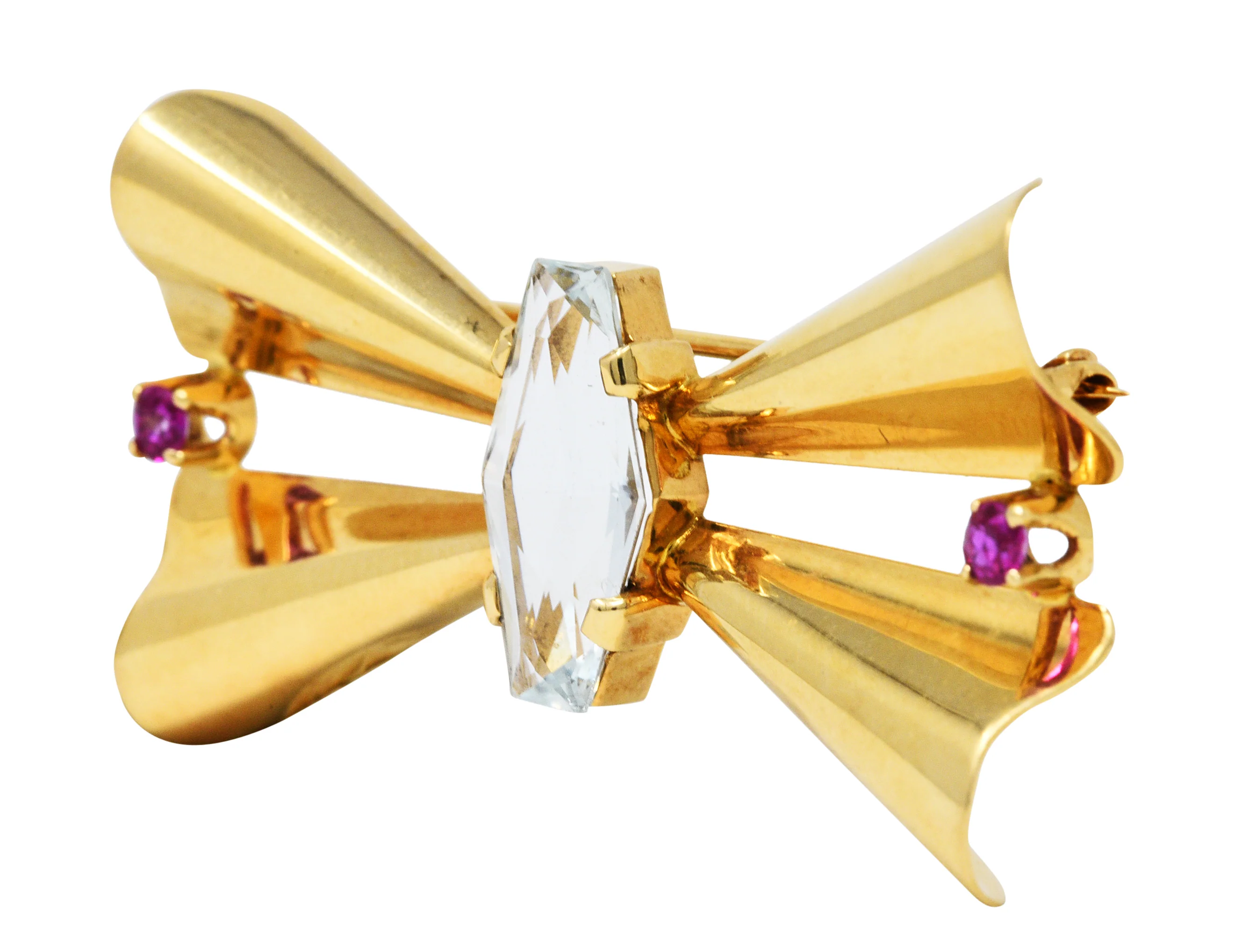 Retro Aquamarine Ruby 14 Karat Gold Bow Brooch - Image 6