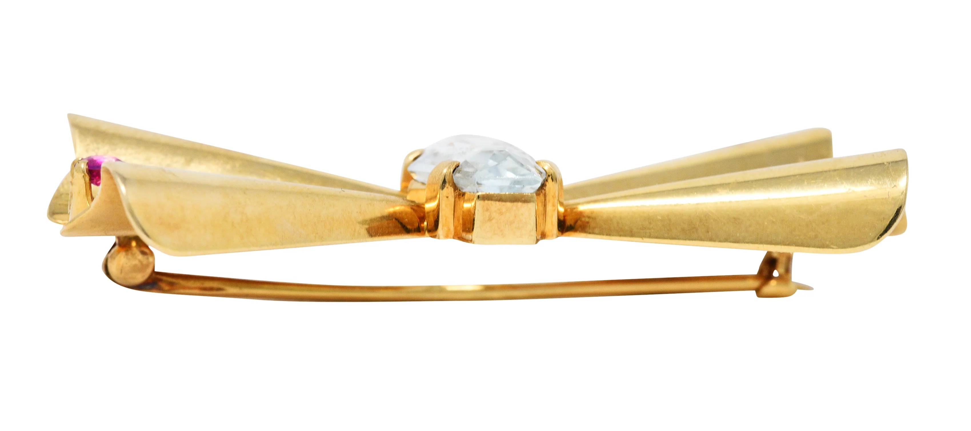 Retro Aquamarine Ruby 14 Karat Gold Bow Brooch - Image 8