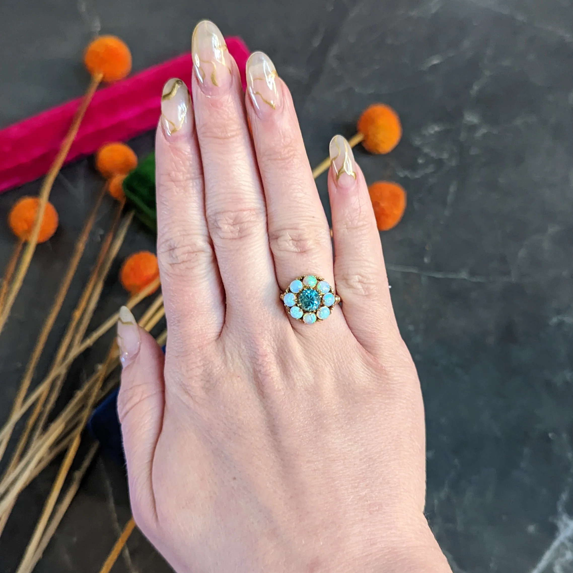 Retro Blue Zircon Opal 14 Karat Gold Cluster Ring - Image 14