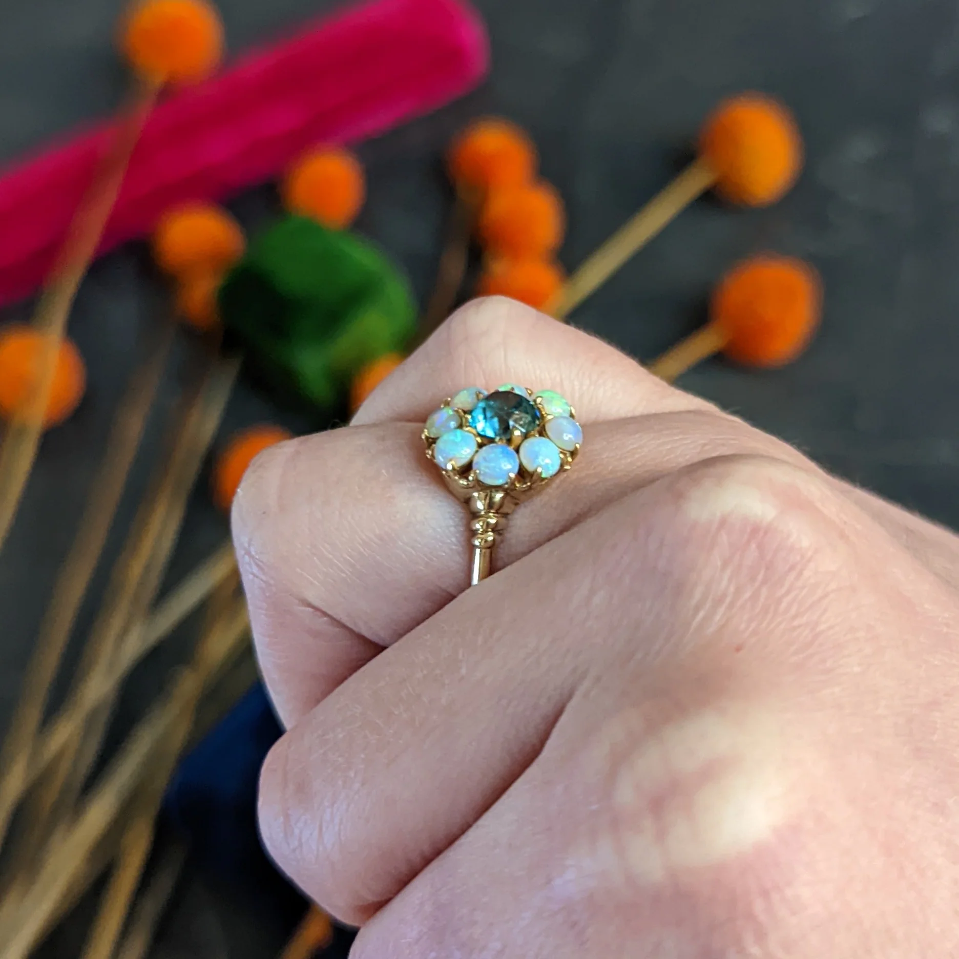 Retro Blue Zircon Opal 14 Karat Gold Cluster Ring - Image 15
