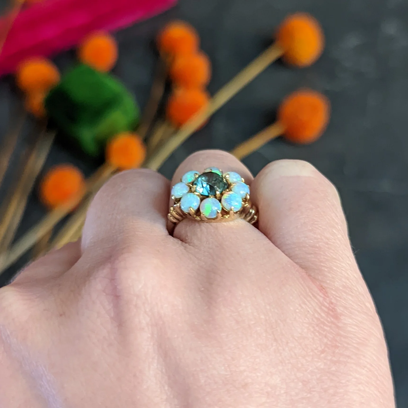 Retro Blue Zircon Opal 14 Karat Gold Cluster Ring - Image 16