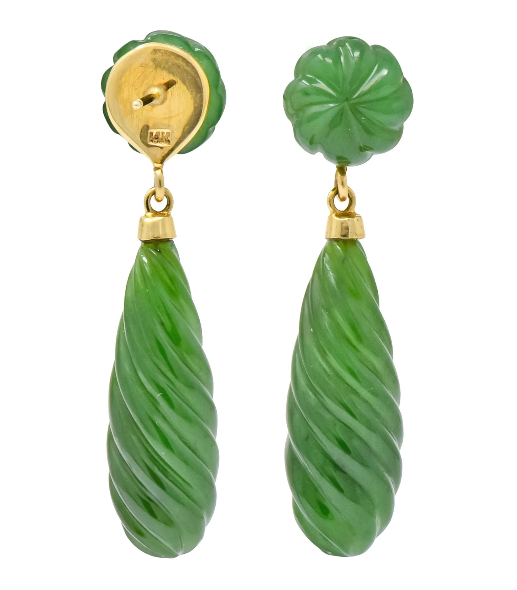 Retro Carved Jade 14 Karat Gold Swirl Drop Earrings - Image 7