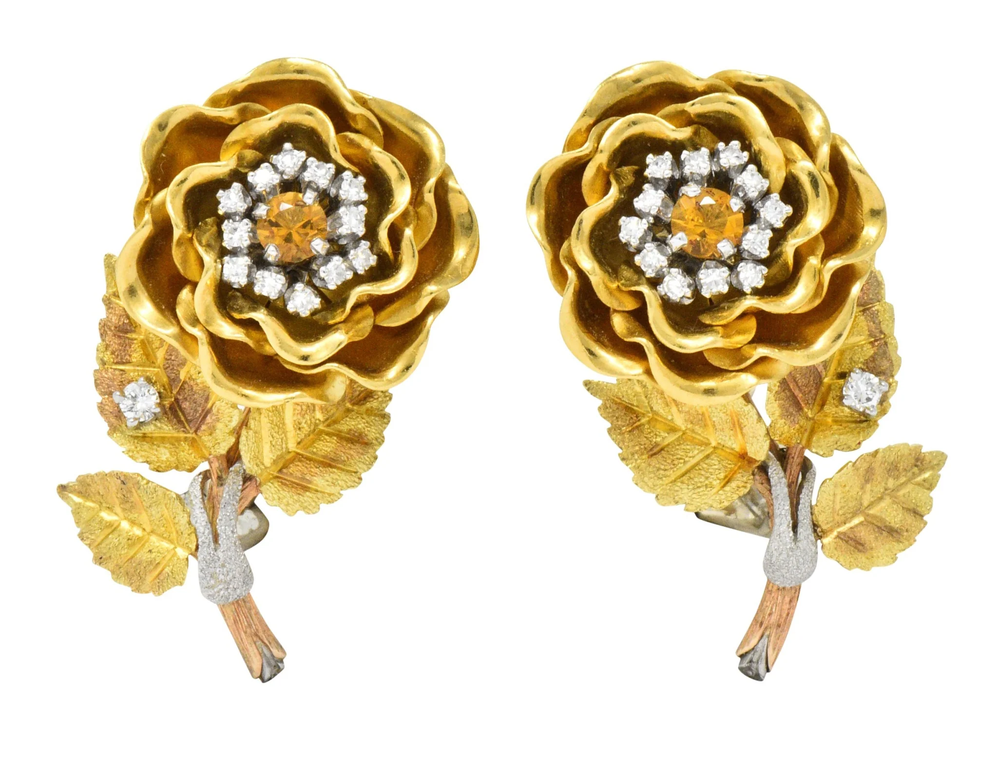 Retro Citrine Diamond Platinum 14 Karat Tri-Colored Gold Flower Ear-Clip Earrings Circa 1940