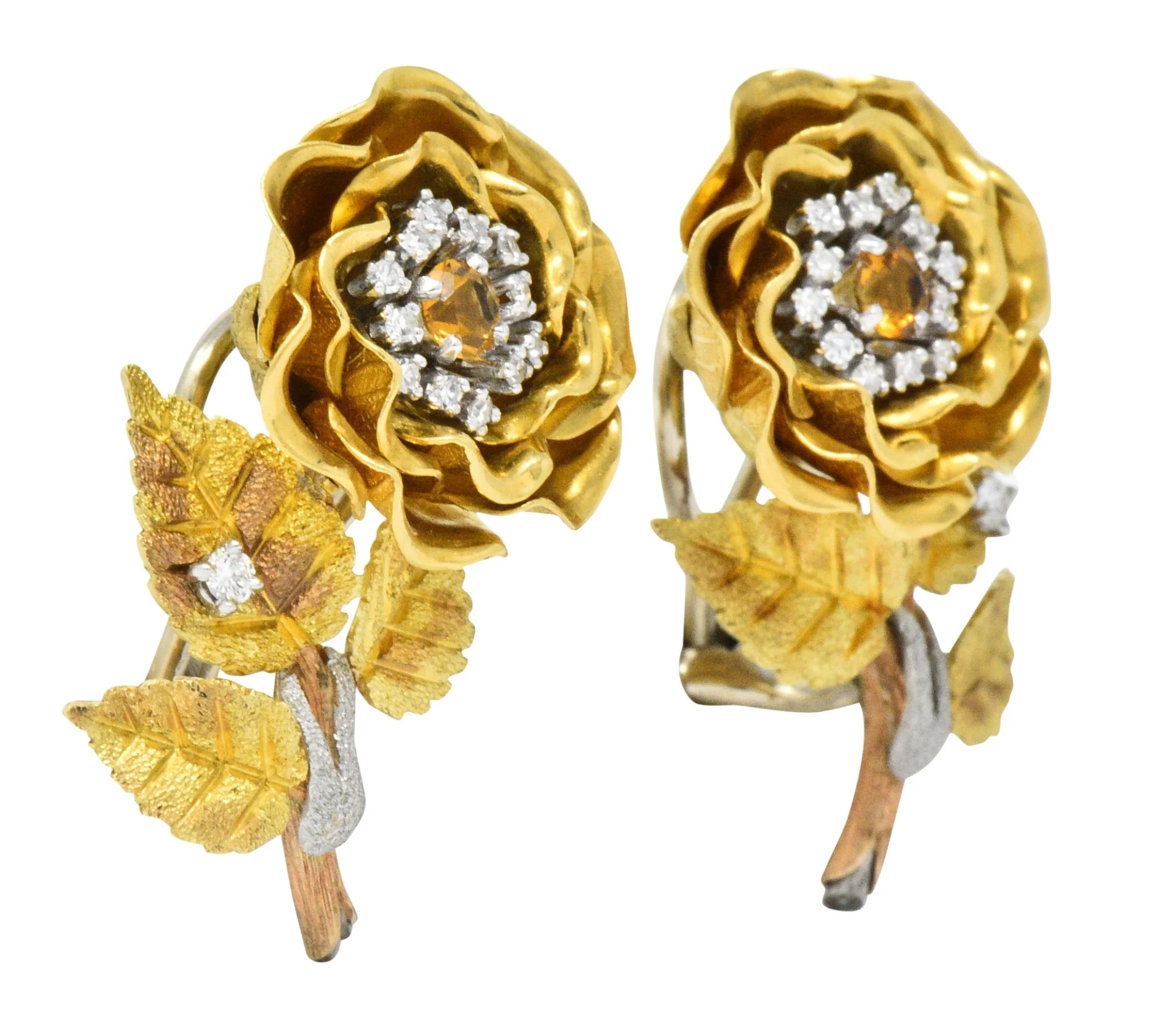 Retro Citrine Diamond Platinum 14 Karat Tri-Colored Gold Flower Ear-Clip Earrings Circa 1940 - Image 2