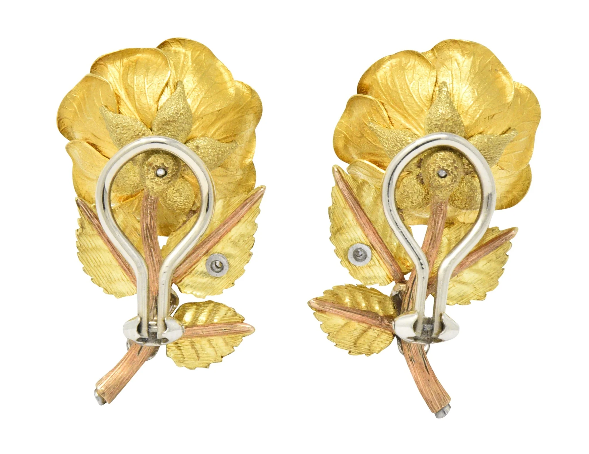 Retro Citrine Diamond Platinum 14 Karat Tri-Colored Gold Flower Ear-Clip Earrings Circa 1940 - Image 3