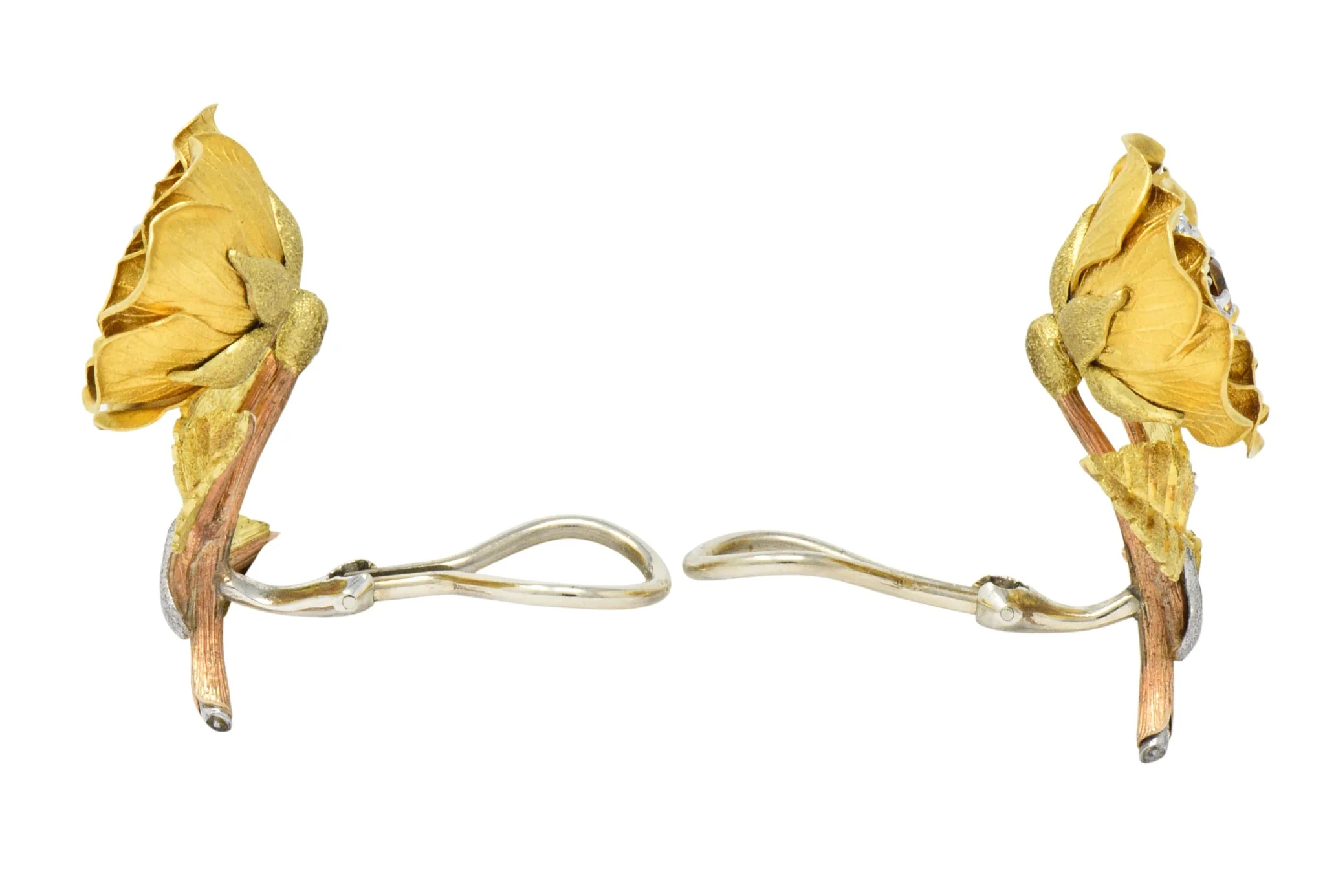 Retro Citrine Diamond Platinum 14 Karat Tri-Colored Gold Flower Ear-Clip Earrings Circa 1940 - Image 4