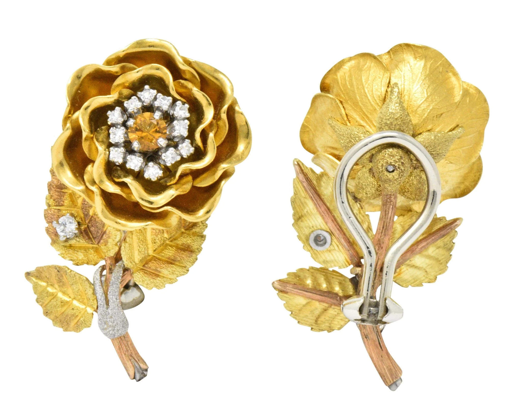 Retro Citrine Diamond Platinum 14 Karat Tri-Colored Gold Flower Ear-Clip Earrings Circa 1940 - Image 5