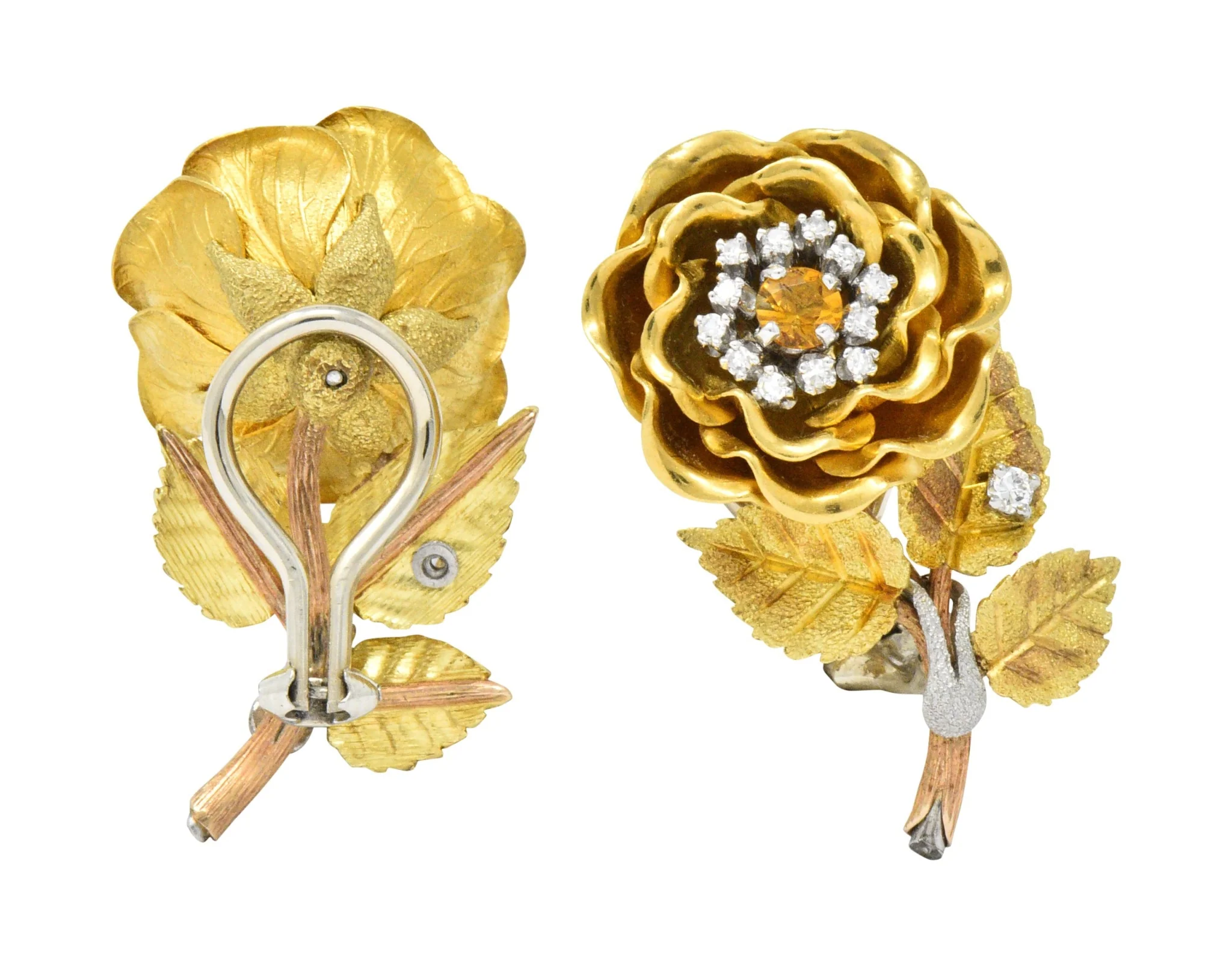 Retro Citrine Diamond Platinum 14 Karat Tri-Colored Gold Flower Ear-Clip Earrings Circa 1940 - Image 6