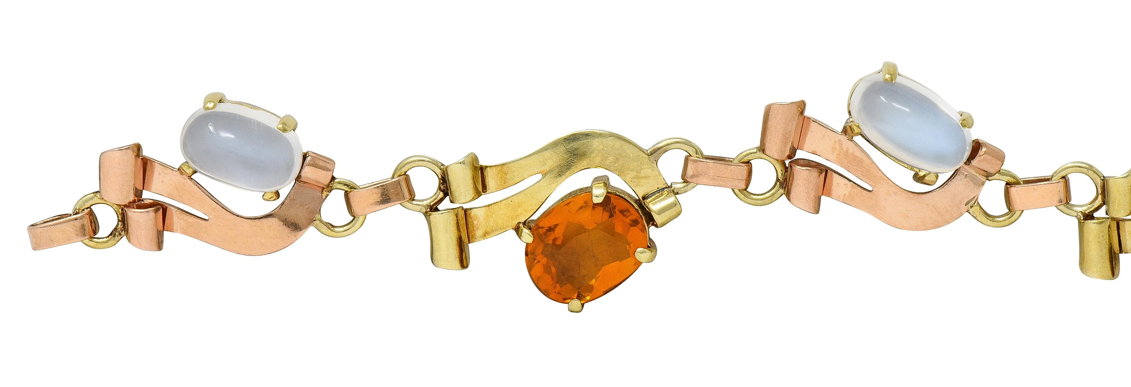 Retro Citrine Moonstone 14 Karat Two-Tone Gold Vintage Ribbon Link Bracelet - Image 5