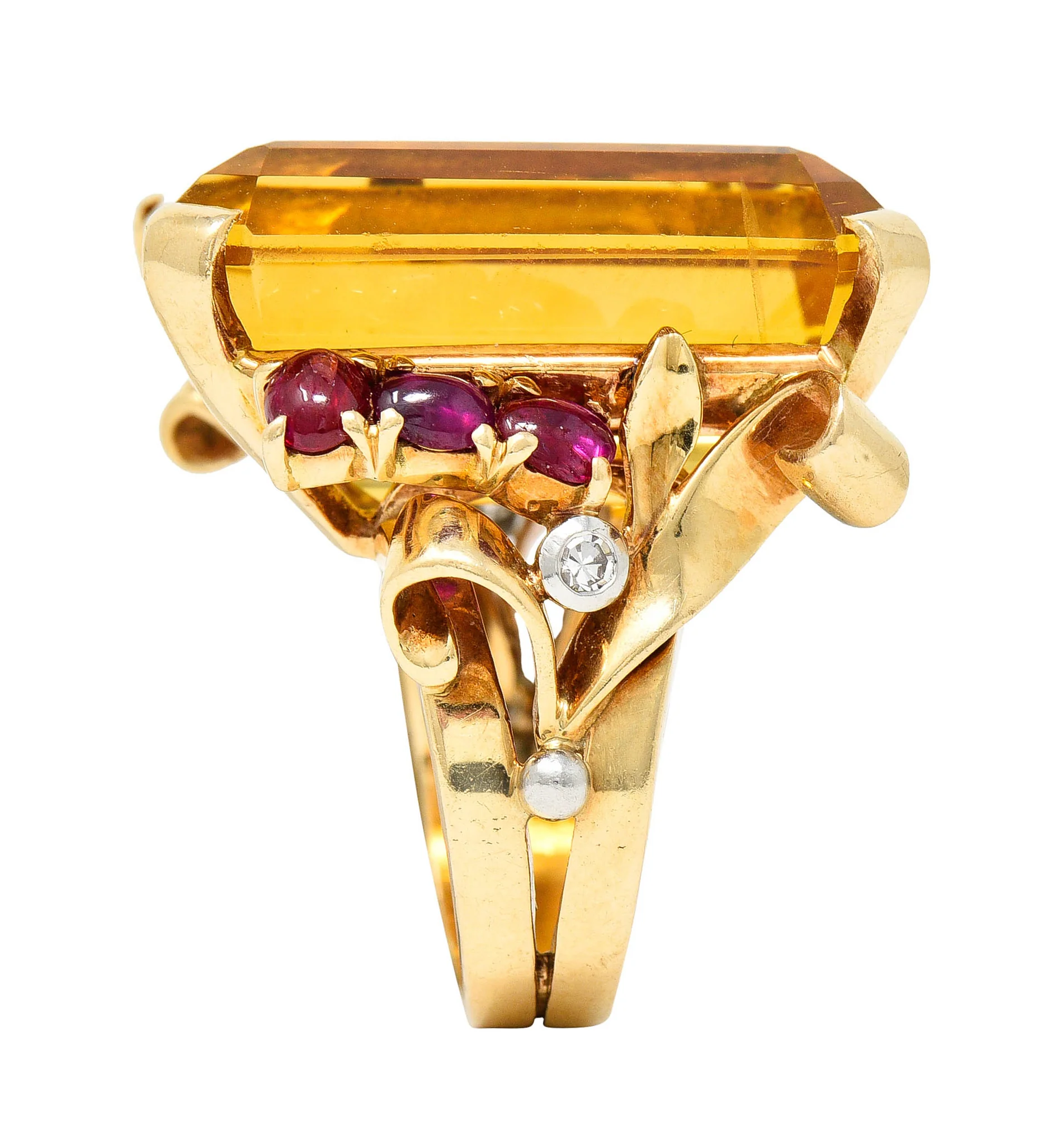 Retro Citrine Ruby Diamond 14 Karat Two-Tone Gold Statement Ring - Image 11