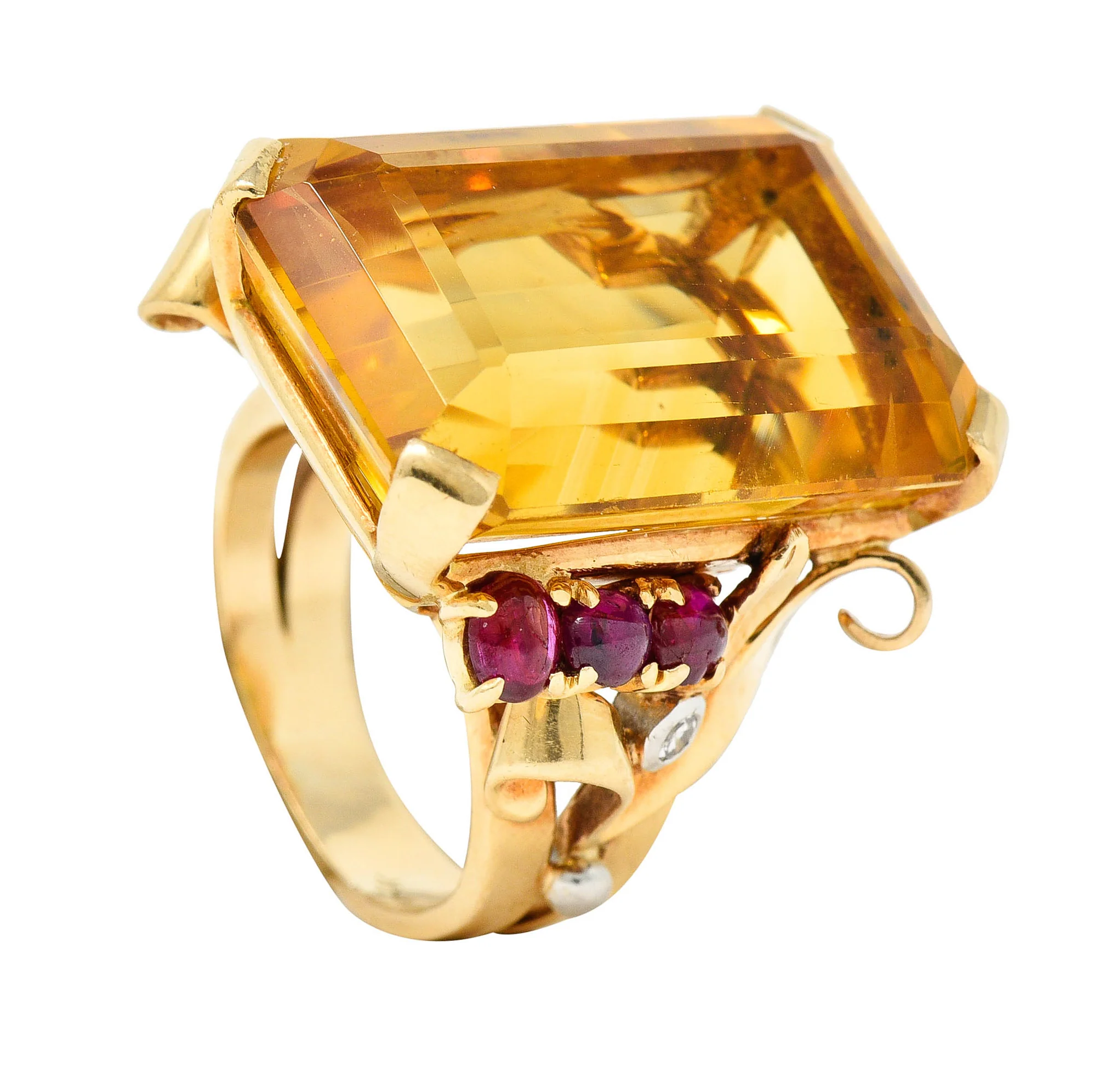 Retro Citrine Ruby Diamond 14 Karat Two-Tone Gold Statement Ring - Image 12