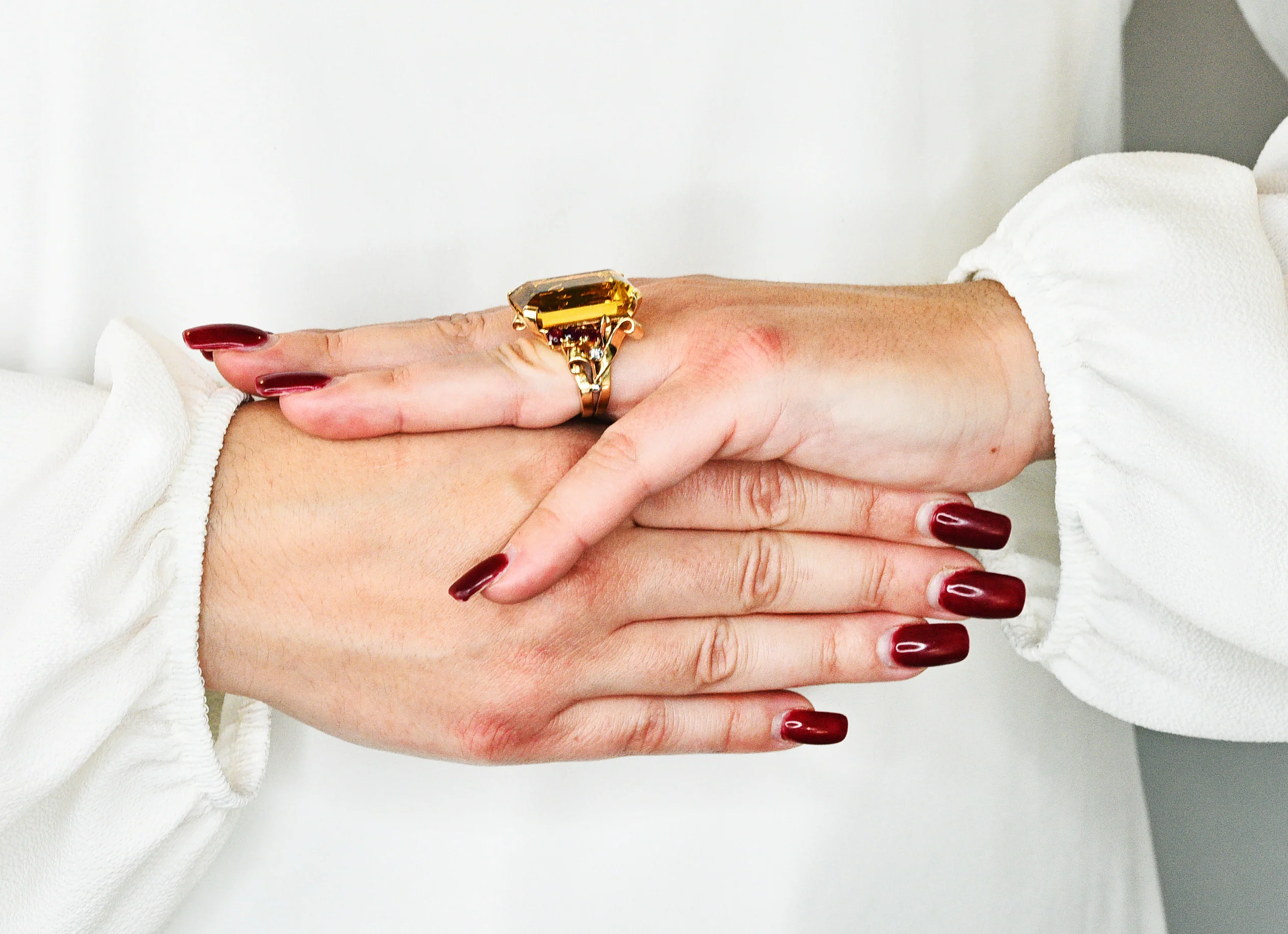 Retro Citrine Ruby Diamond 14 Karat Two-Tone Gold Statement Ring - Image 14