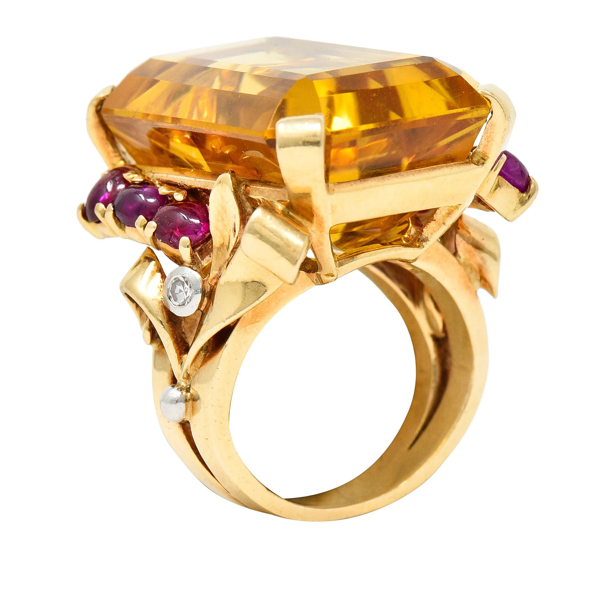 Retro Citrine Ruby Diamond 14 Karat Two-Tone Gold Statement Ring - Image 2