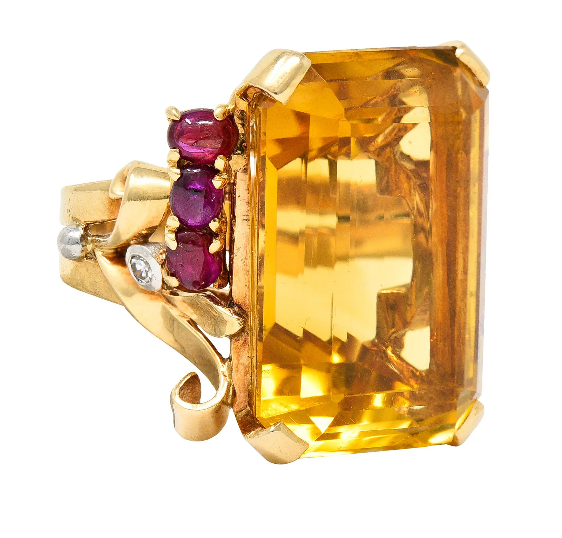 Retro Citrine Ruby Diamond 14 Karat Two-Tone Gold Statement Ring - Image 3