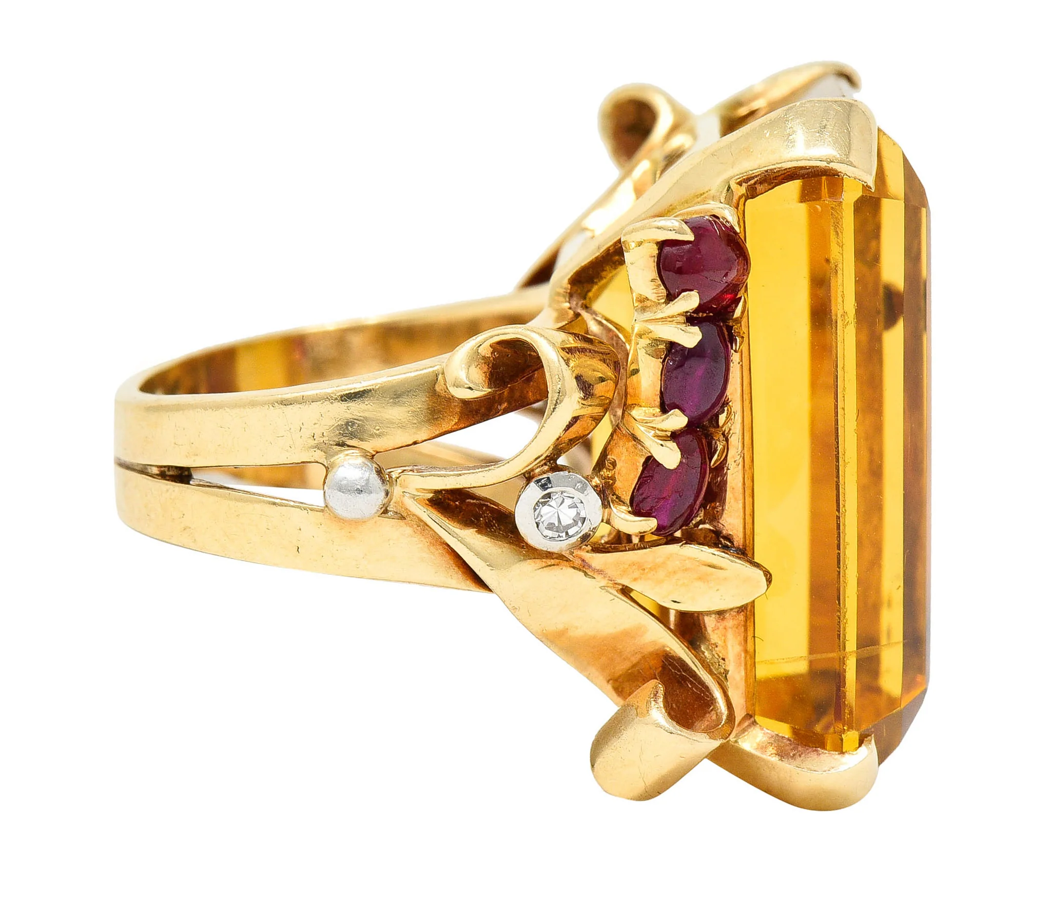 Retro Citrine Ruby Diamond 14 Karat Two-Tone Gold Statement Ring - Image 4