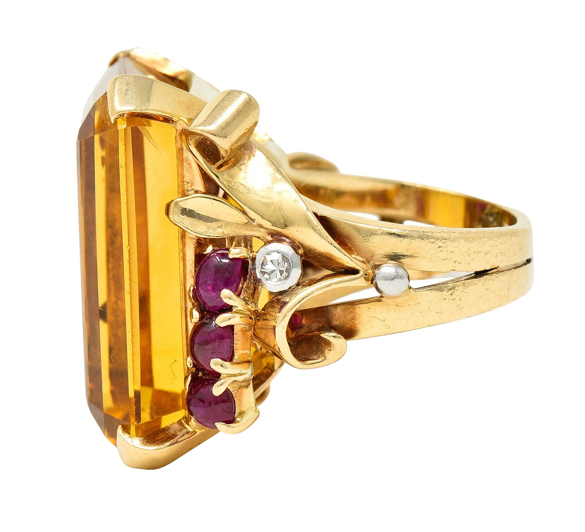 Retro Citrine Ruby Diamond 14 Karat Two-Tone Gold Statement Ring - Image 6