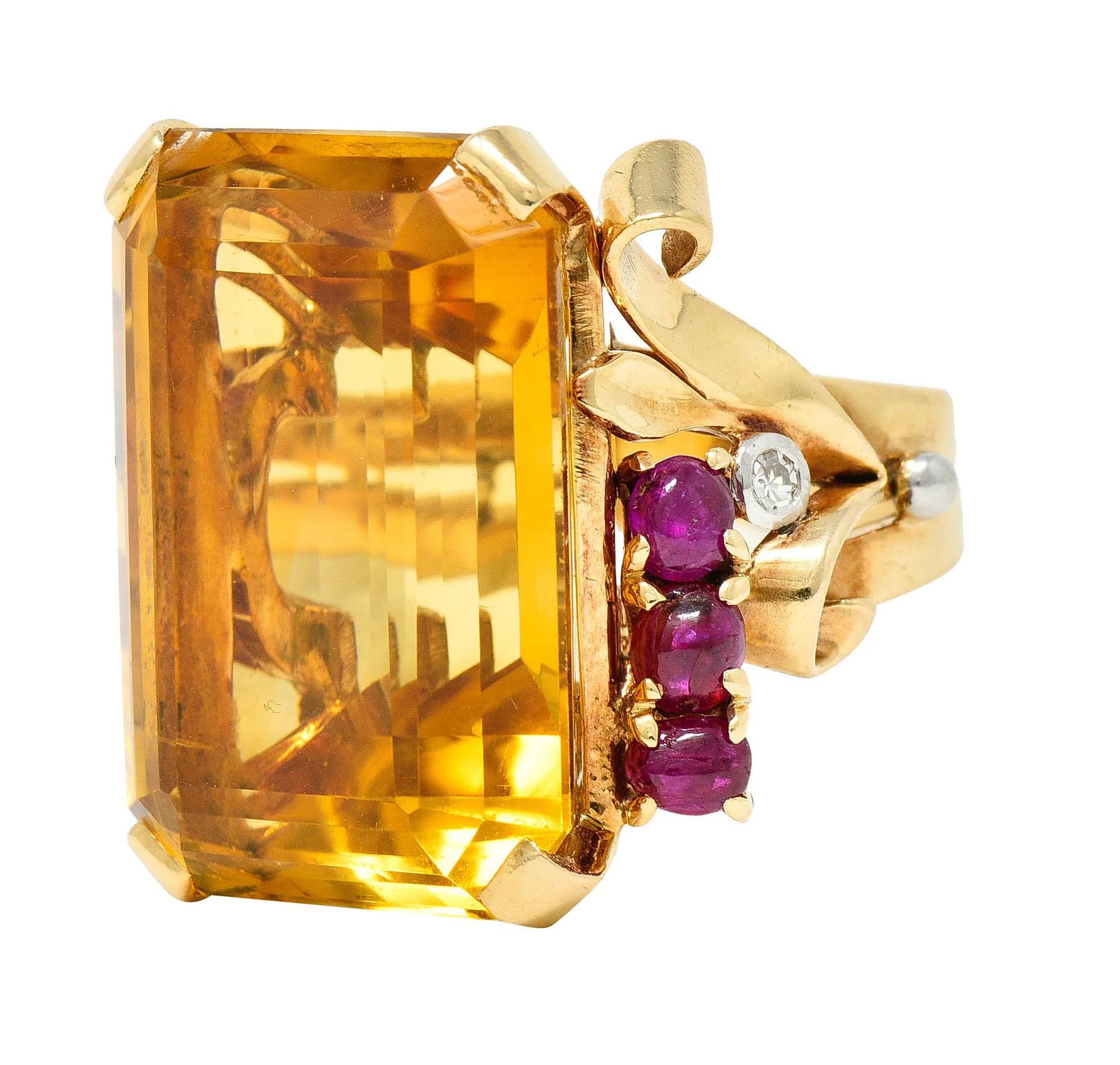 Retro Citrine Ruby Diamond 14 Karat Two-Tone Gold Statement Ring - Image 7