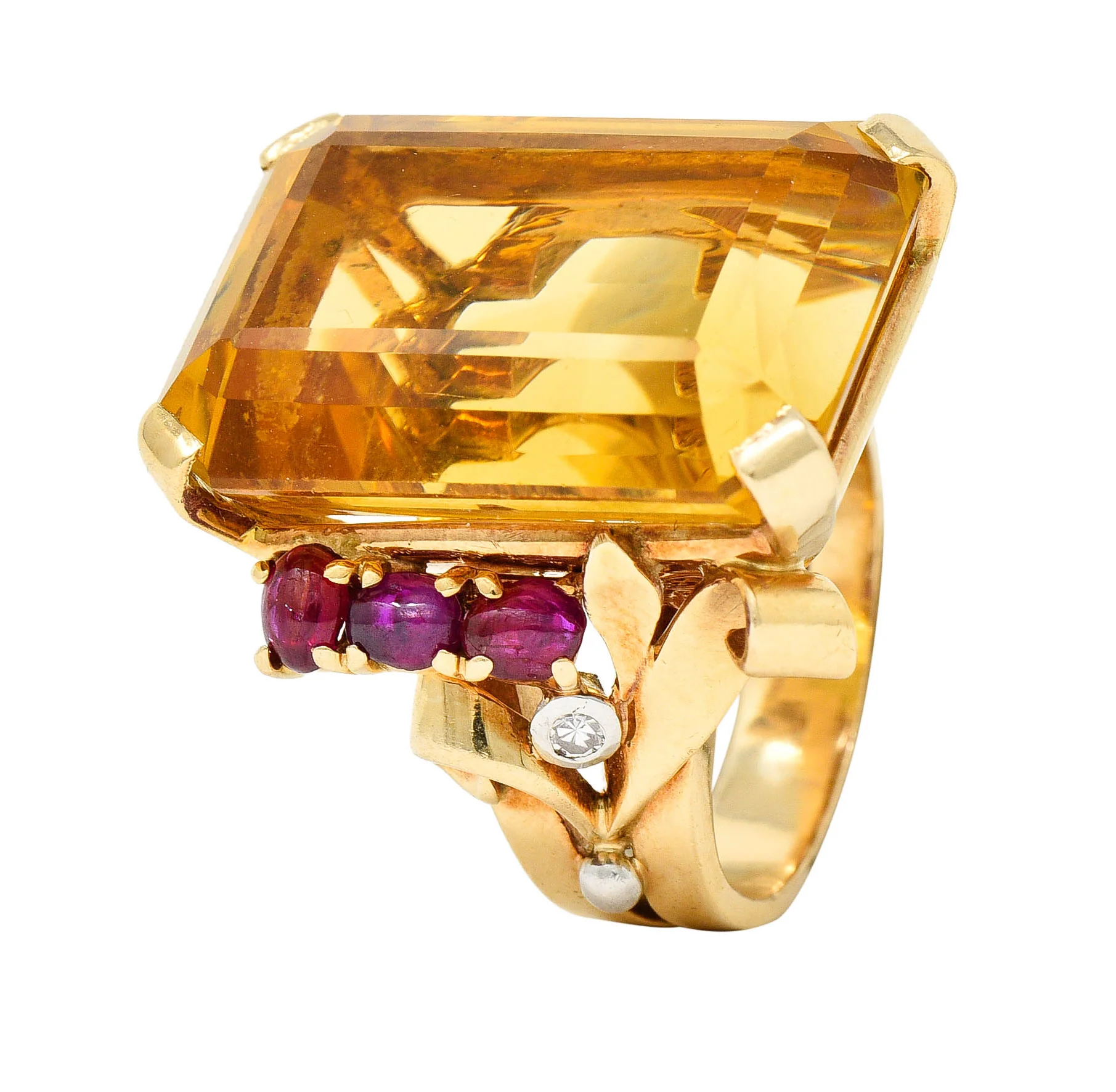 Retro Citrine Ruby Diamond 14 Karat Two-Tone Gold Statement Ring - Image 9