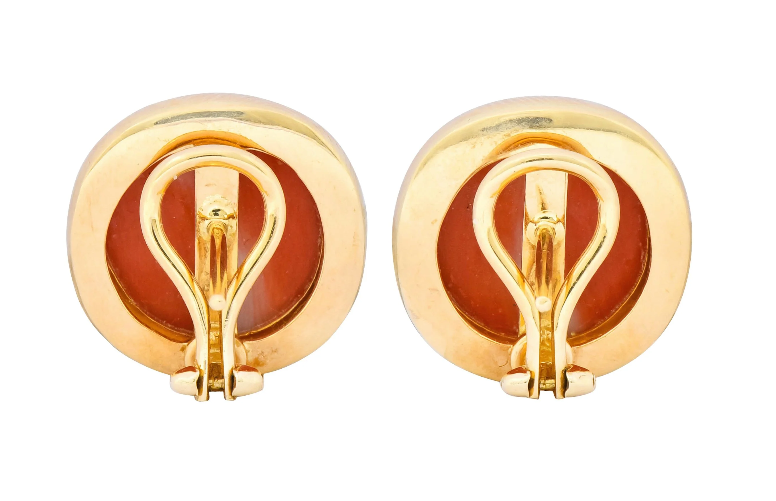 Retro Coral Cabochon 14 Karat Yellow Gold Circular Earrings - Image 6
